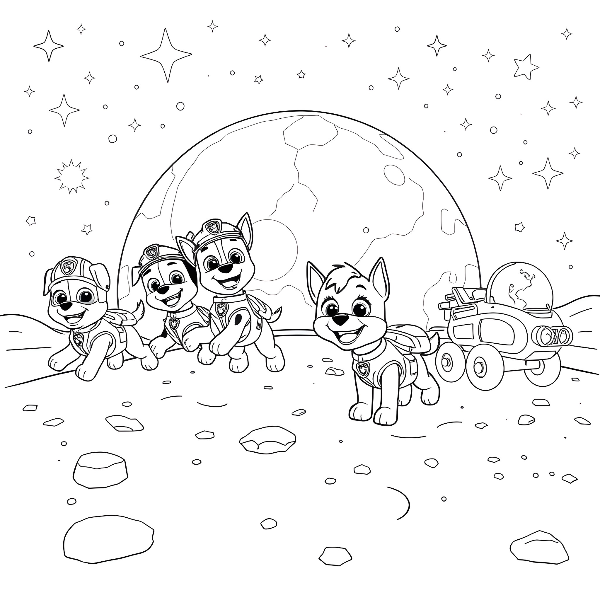 Paw Patrol Team Exploring the Lunar Landscape Coloring Page (free black-and-white line drawing printable PDF for all, from beginners to advanced learners, including children, teens, adults, and seniors)