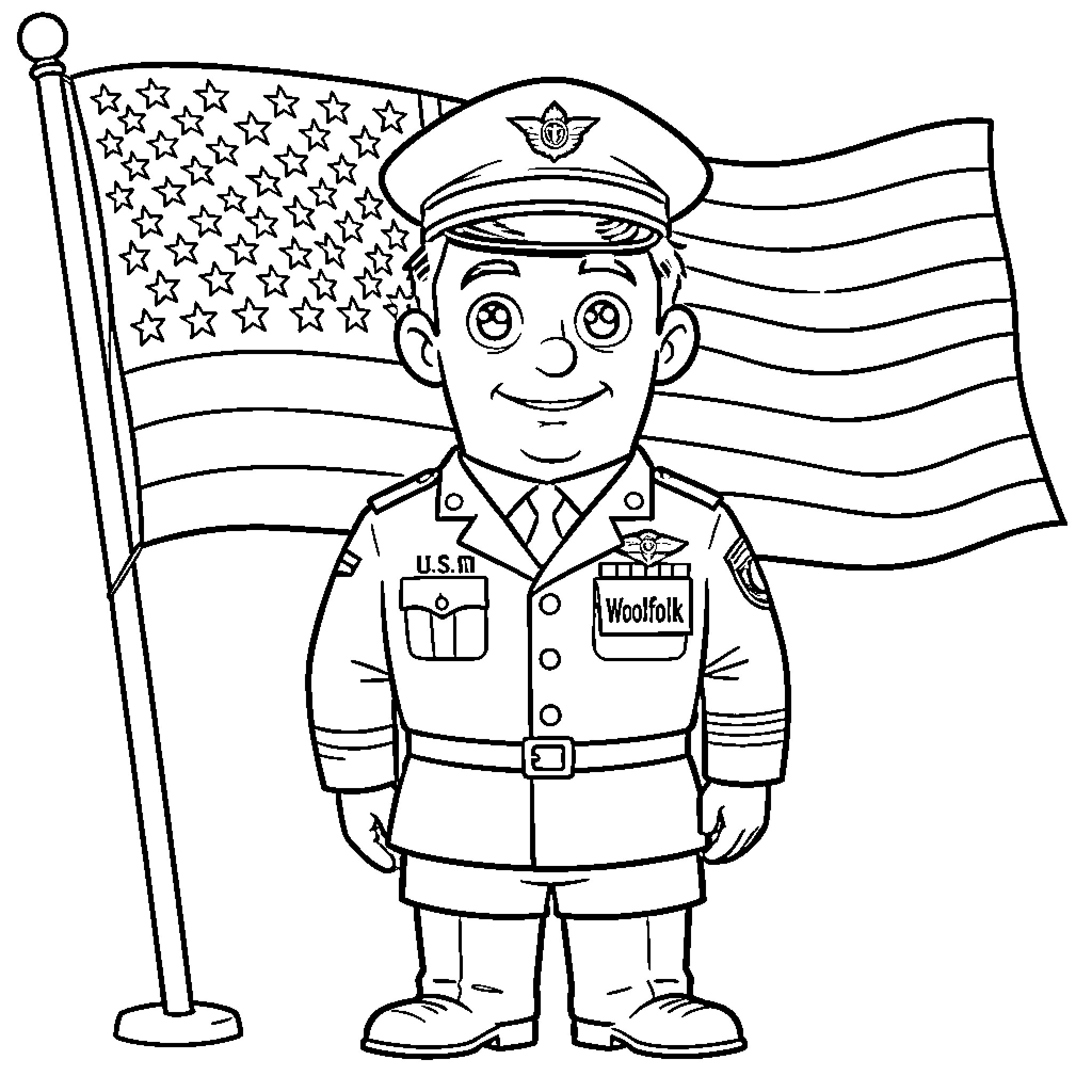 Thumb smiling pilot standing in front of a flag Coloring Page (free black-and-white line drawing printable PDF for all, from beginners to advanced learners, including children, teens, adults, and seniors)