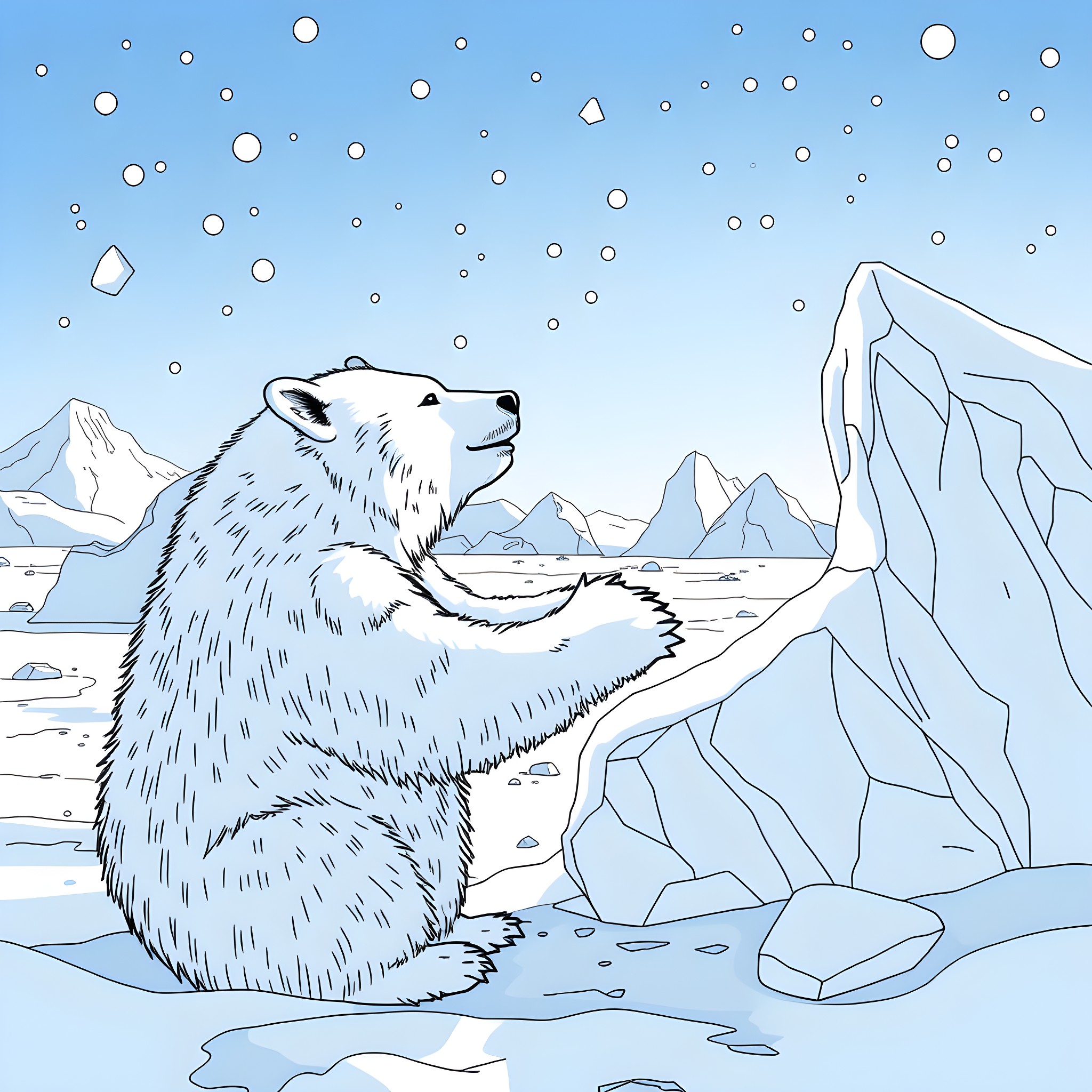 Polar bear exploring the snowy Arctic landscape Coloring Page (free black-and-white line drawing printable PDF for all, from beginners to advanced learners, including children, teens, adults, and seniors)