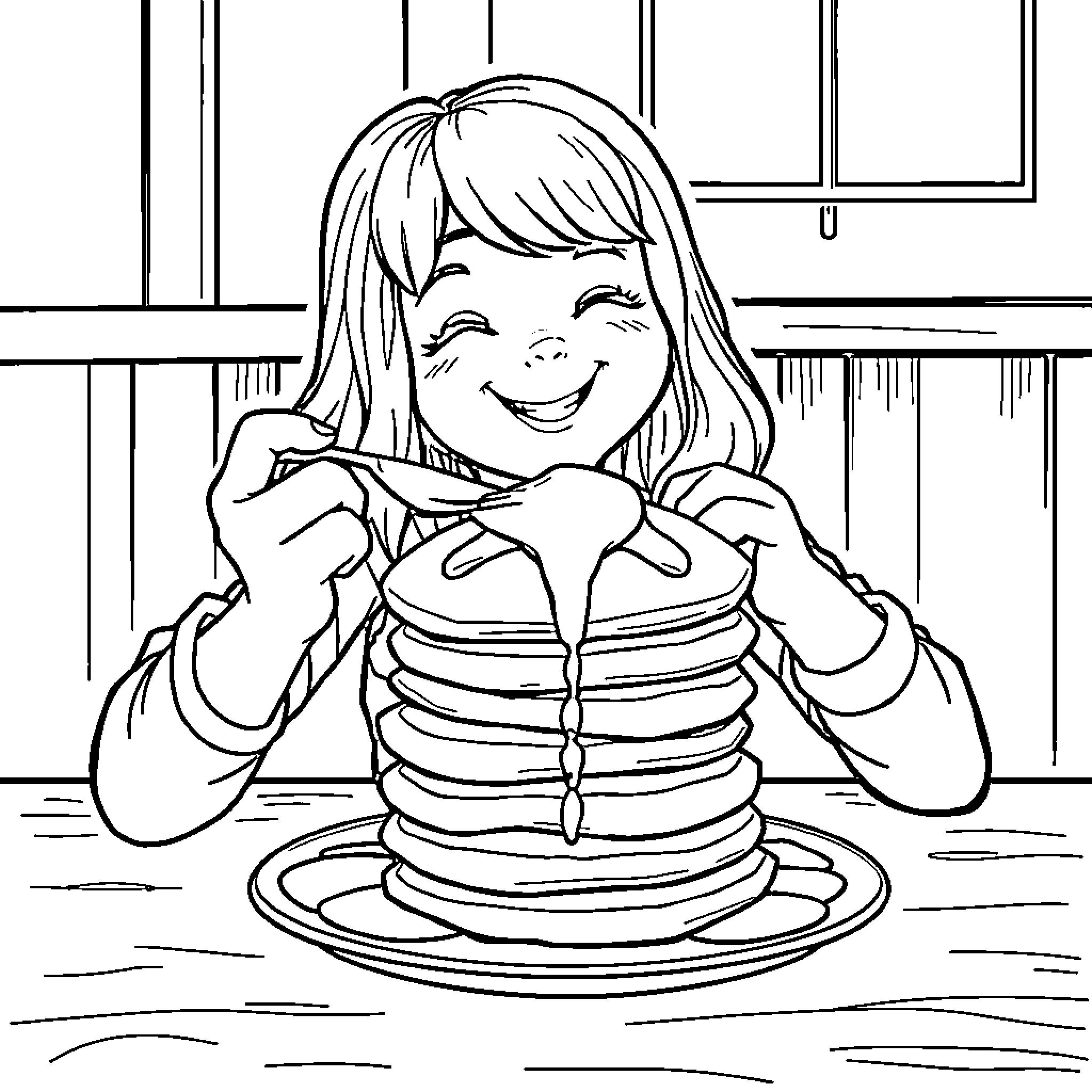 Christel Enjoys a Hearty Meal Coloring Page (free black-and-white line drawing printable PDF for all, from beginners to advanced learners, including children, teens, adults, and seniors)