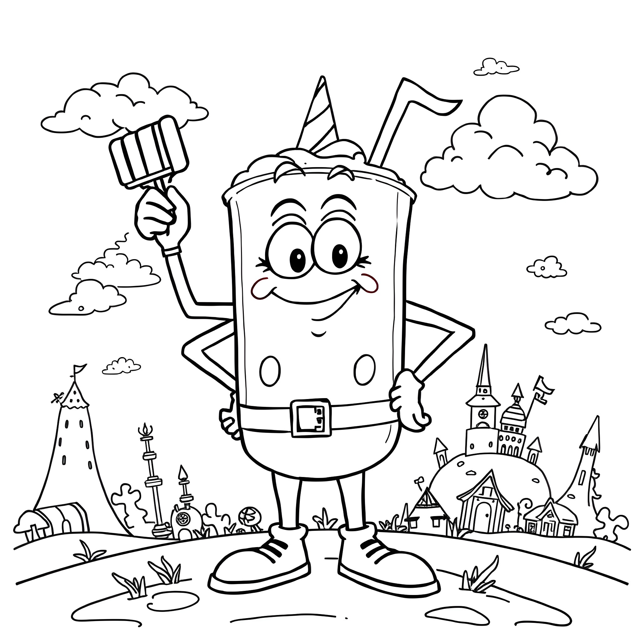 Master Shake grilling hot dogs in a whimsical landscape Coloring Page (free black-and-white line drawing printable PDF for all, from beginners to advanced learners, including children, teens, adults, and seniors)