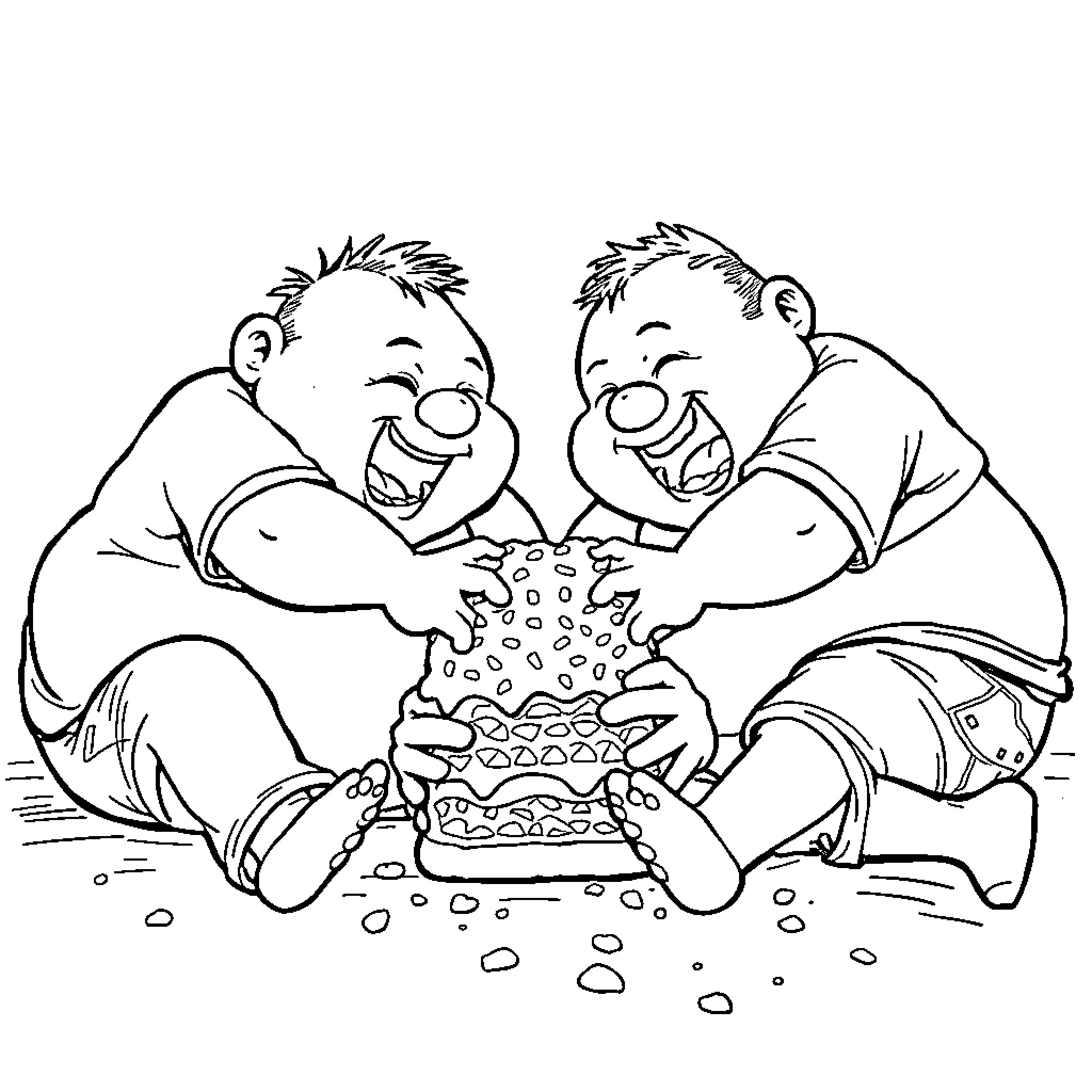 Guy happily sharing a burger with a friend Coloring Page (free black-and-white line drawing printable PDF for all, from beginners to advanced learners, including children, teens, adults, and seniors)