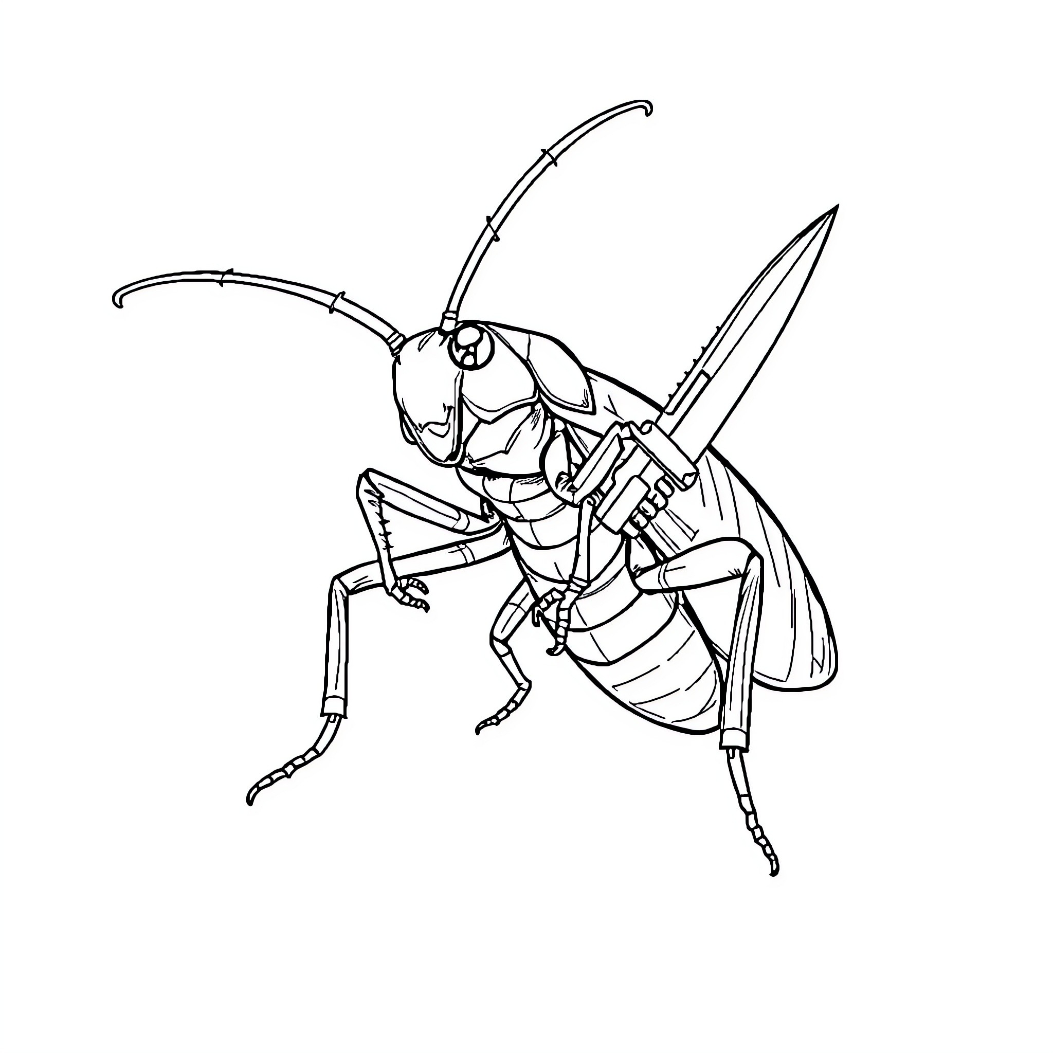 Cockroach wielding sharp weapons Coloring Page (free black-and-white line drawing printable PDF for all, from beginners to advanced learners, including children, teens, adults, and seniors)
