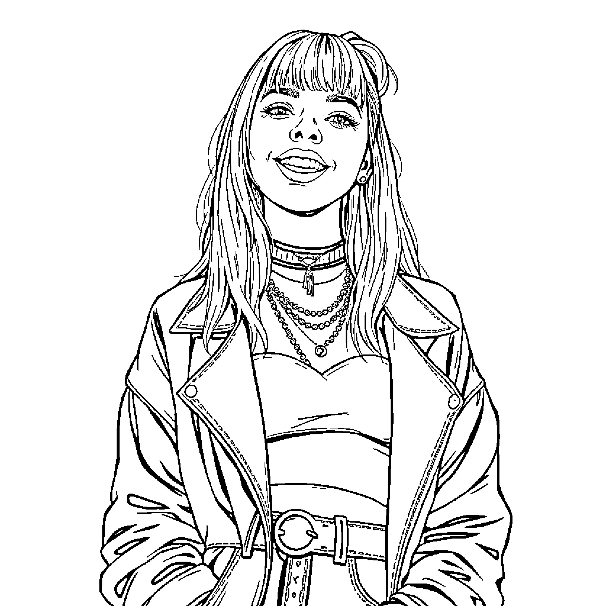 Billie Eilish in a playful and confident pose Coloring Page (free black-and-white line drawing printable PDF for all, from beginners to advanced learners, including children, teens, adults, and seniors)