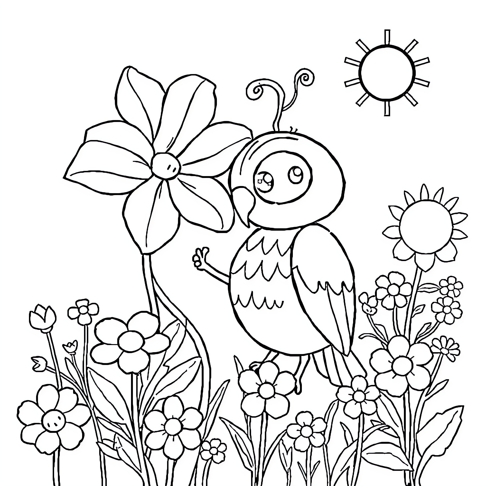 Robot bird exploring a flower garden Coloring Page (free black-and-white line drawing printable PDF for all, from beginners to advanced learners, including children, teens, adults, and seniors)