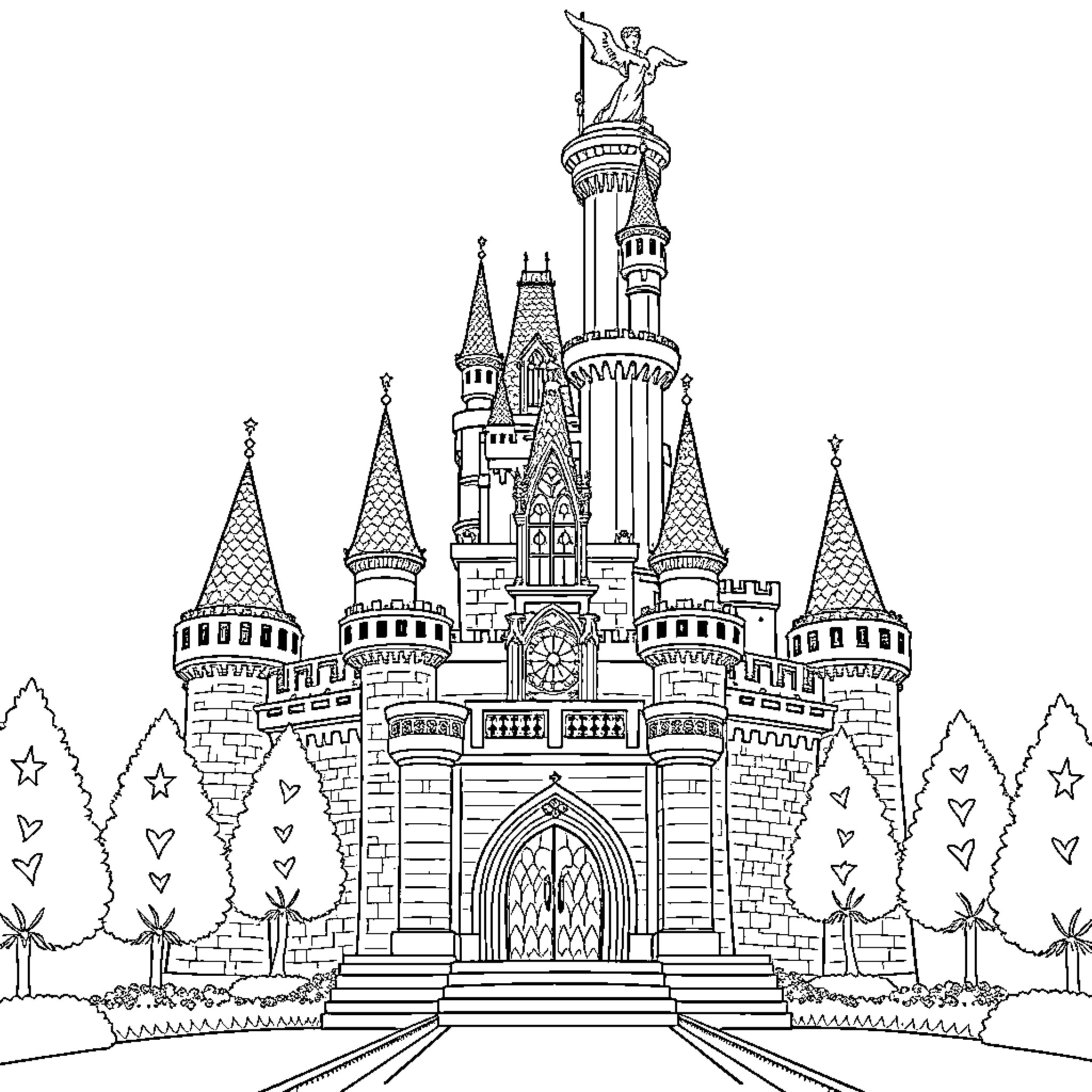 Cinderella's Enchanting Castle with Ornate Towers Coloring Page (free black-and-white line drawing printable PDF for all, from beginners to advanced learners, including children, teens, adults, and seniors)