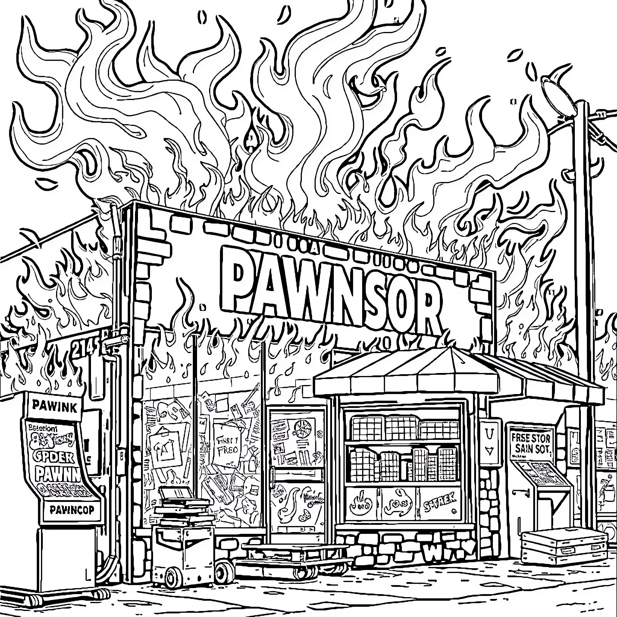 Pawn Shop Ablaze in Fiery Chaos Coloring Page (free black-and-white line drawing printable PDF for all, from beginners to advanced learners, including children, teens, adults, and seniors)