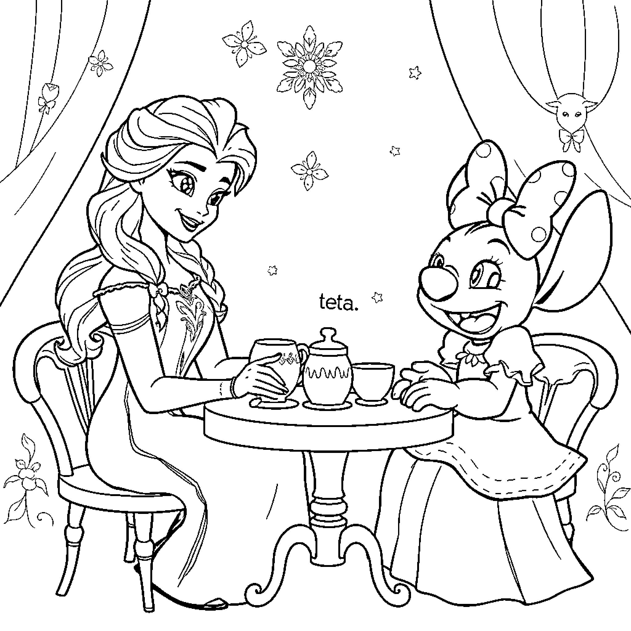 Elsa's Tea Party with Cute Companion Coloring Page (free black-and-white line drawing printable PDF for all, from beginners to advanced learners, including children, teens, adults, and seniors)