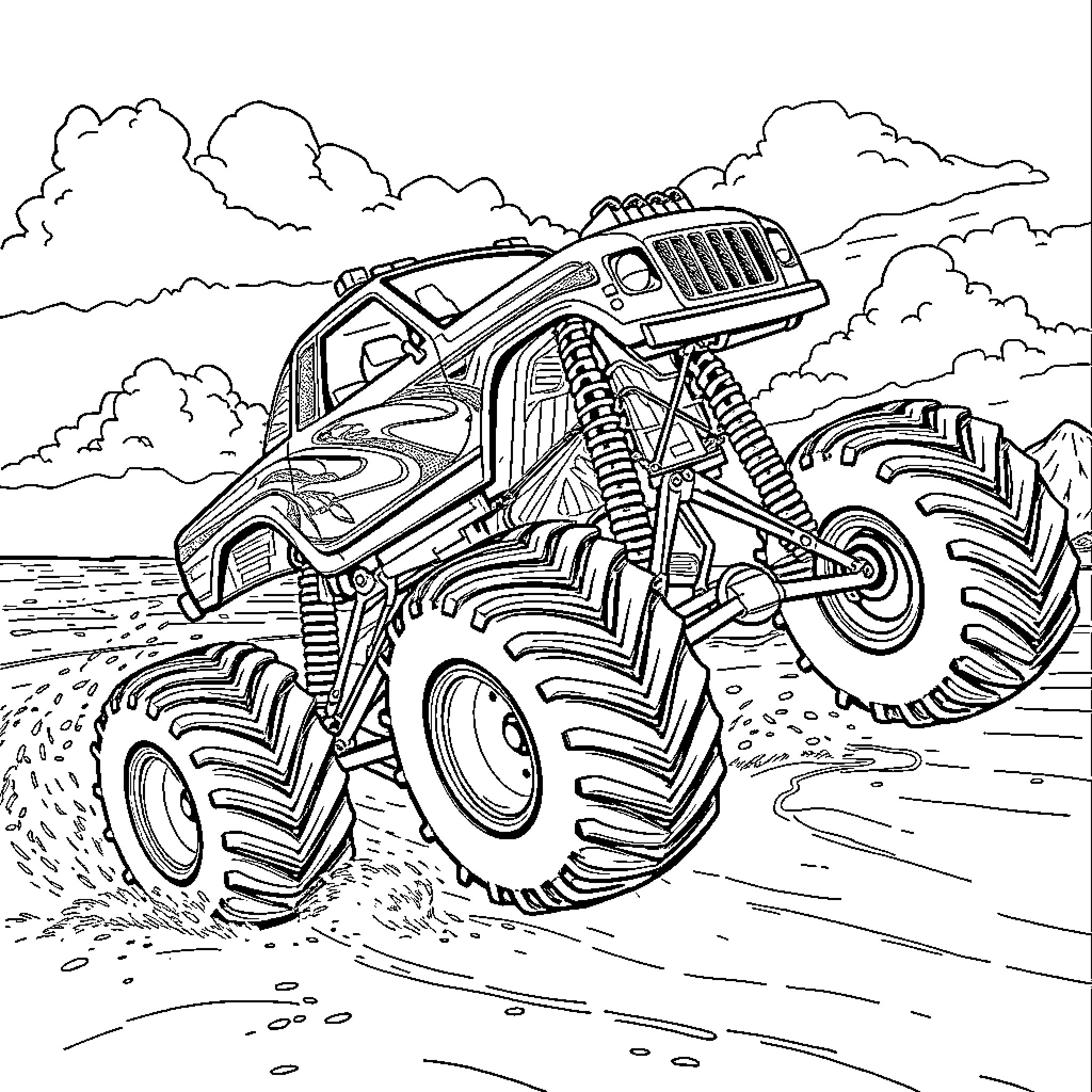Monster Truck Soaring Over Rugged Terrain Coloring Page (free black-and-white line drawing printable PDF for all, from beginners to advanced learners, including children, teens, adults, and seniors)