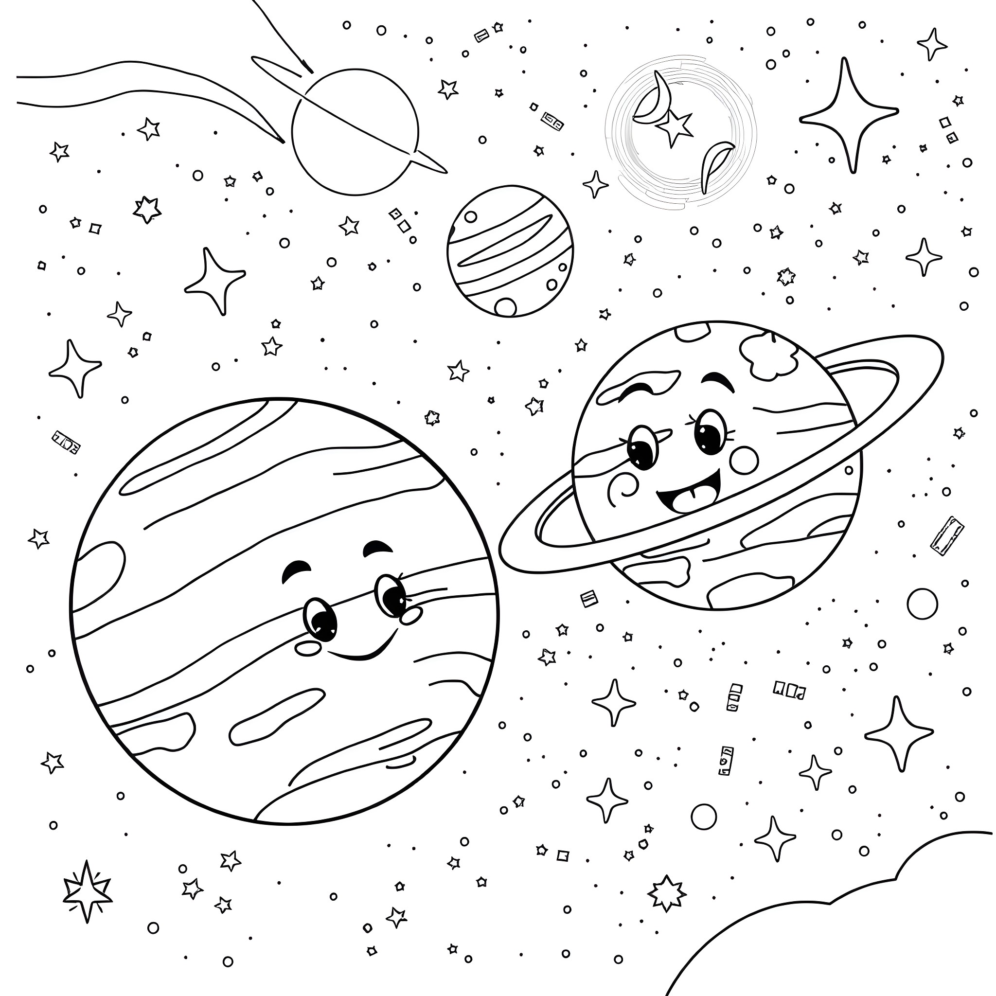 Planet Cartoon Figures Floating in Space Coloring Page (free black-and-white line drawing printable PDF for all, from beginners to advanced learners, including children, teens, adults, and seniors)