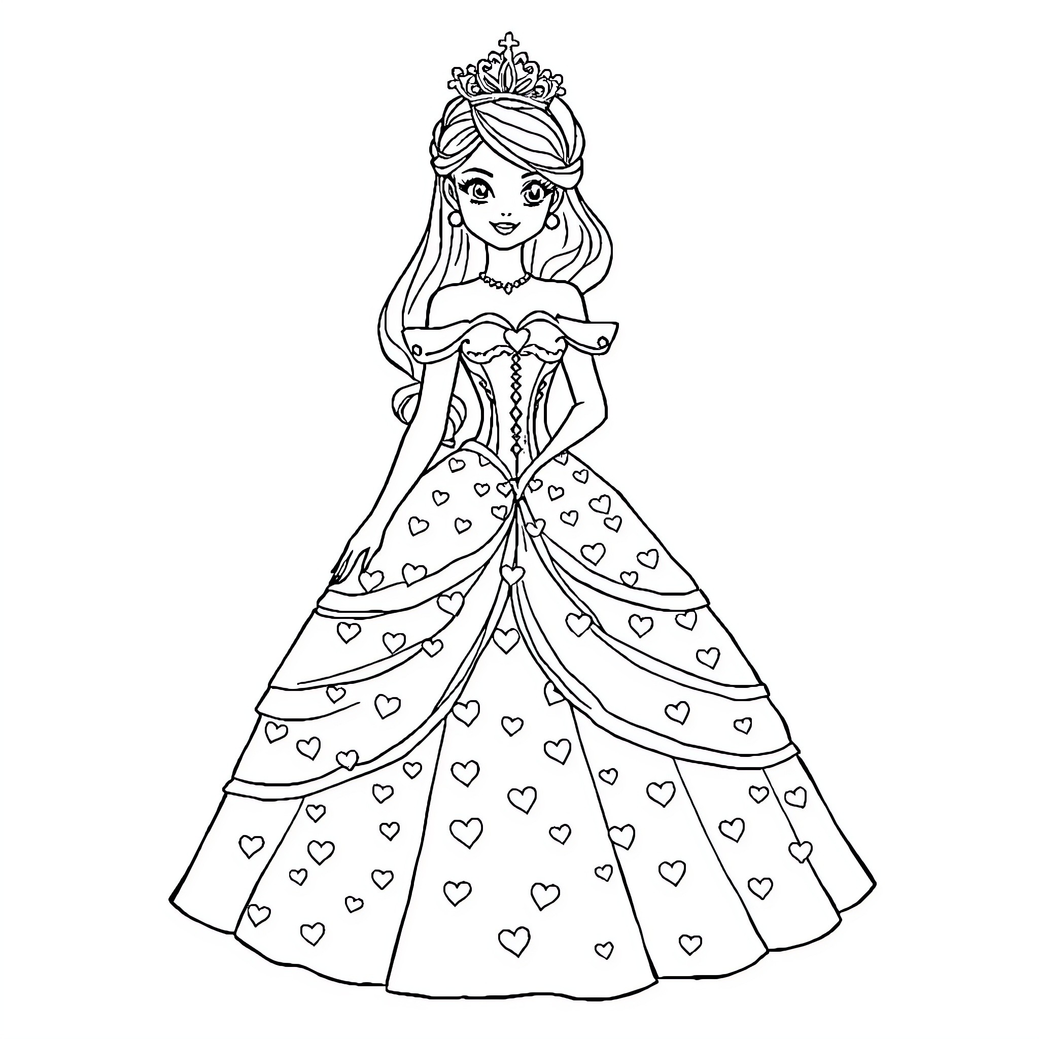 Princess in Elegant Gown with Heart Pattern Coloring Page (free black-and-white line drawing printable PDF for all, from beginners to advanced learners, including children, teens, adults, and seniors)