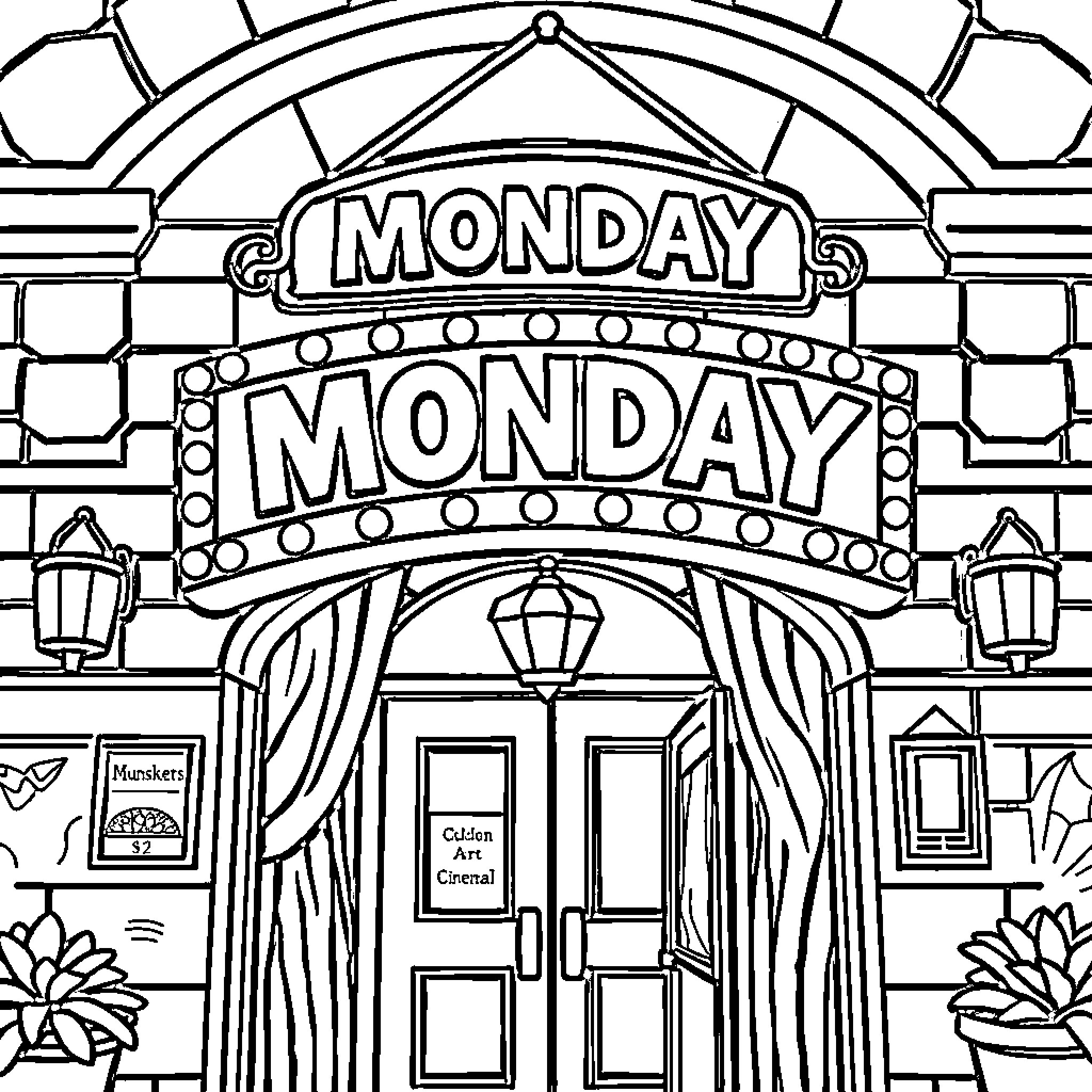 Movie Theater Entrance with Marquee Displays Coloring Page (free black-and-white line drawing printable PDF for all, from beginners to advanced learners, including children, teens, adults, and seniors)
