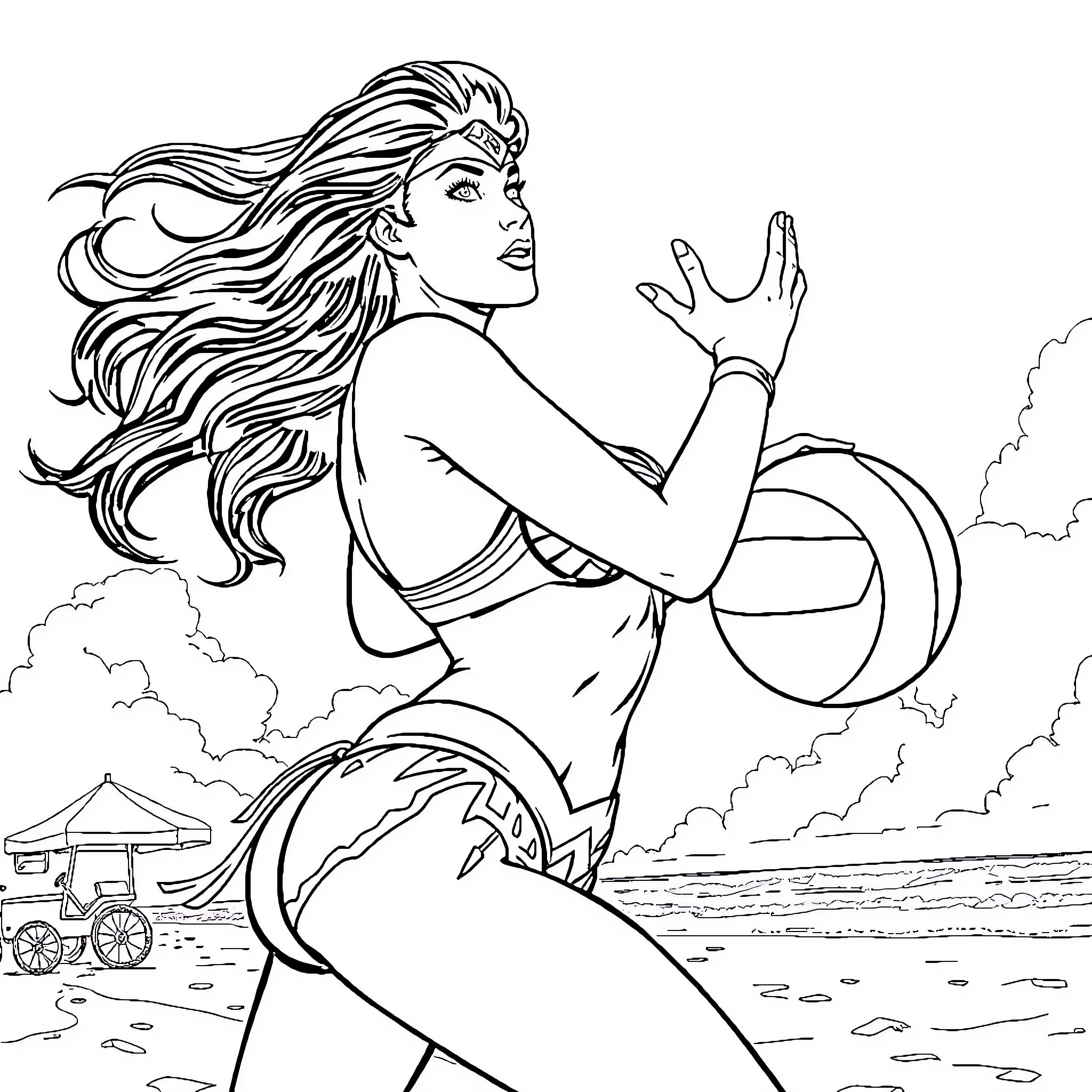 Wonder Woman in action at the beach Coloring Page (free black-and-white line drawing printable PDF for all, from beginners to advanced learners, including children, teens, adults, and seniors)