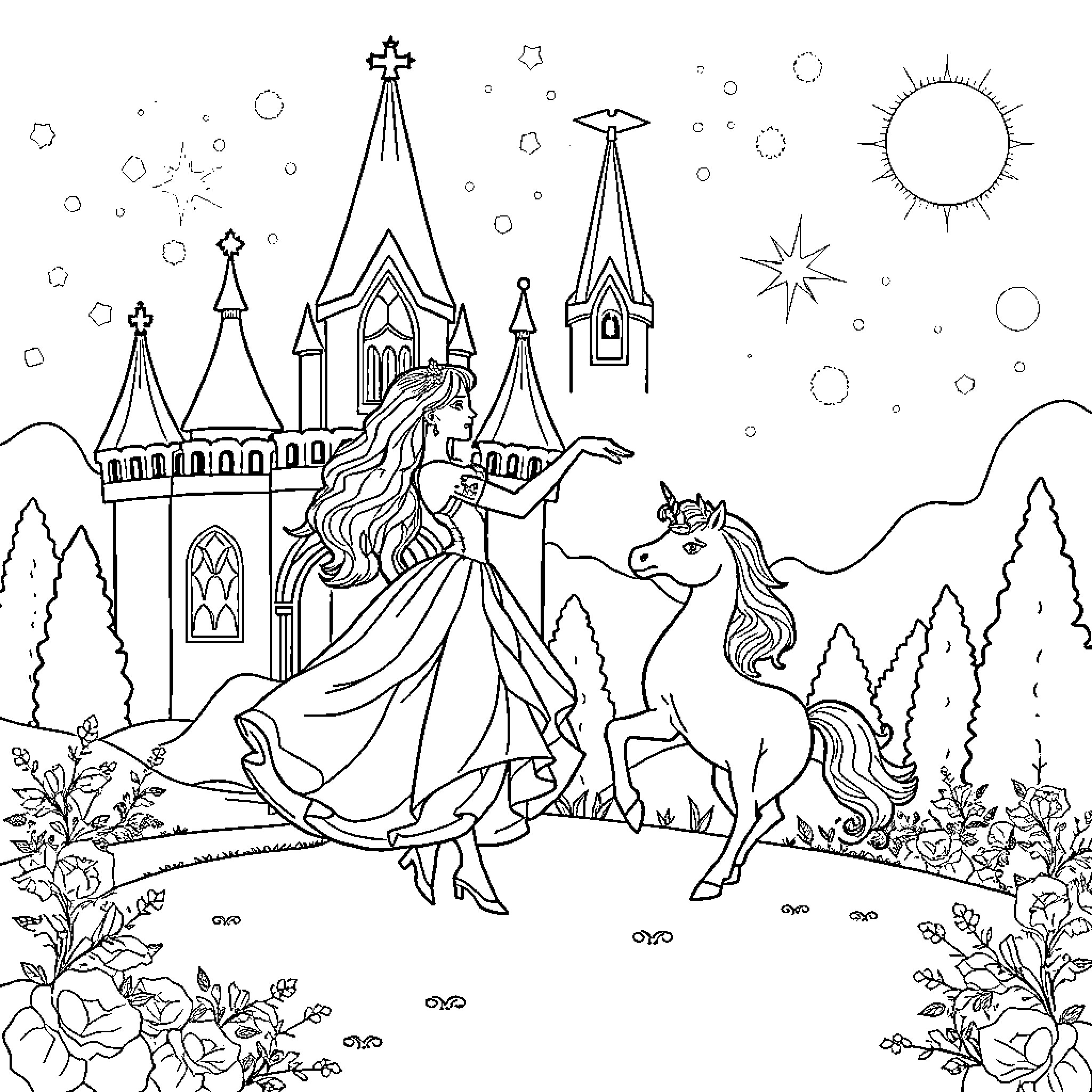 Princess in the enchanted castle with a unicorn Coloring Page (free black-and-white line drawing printable PDF for all, from beginners to advanced learners, including children, teens, adults, and seniors)