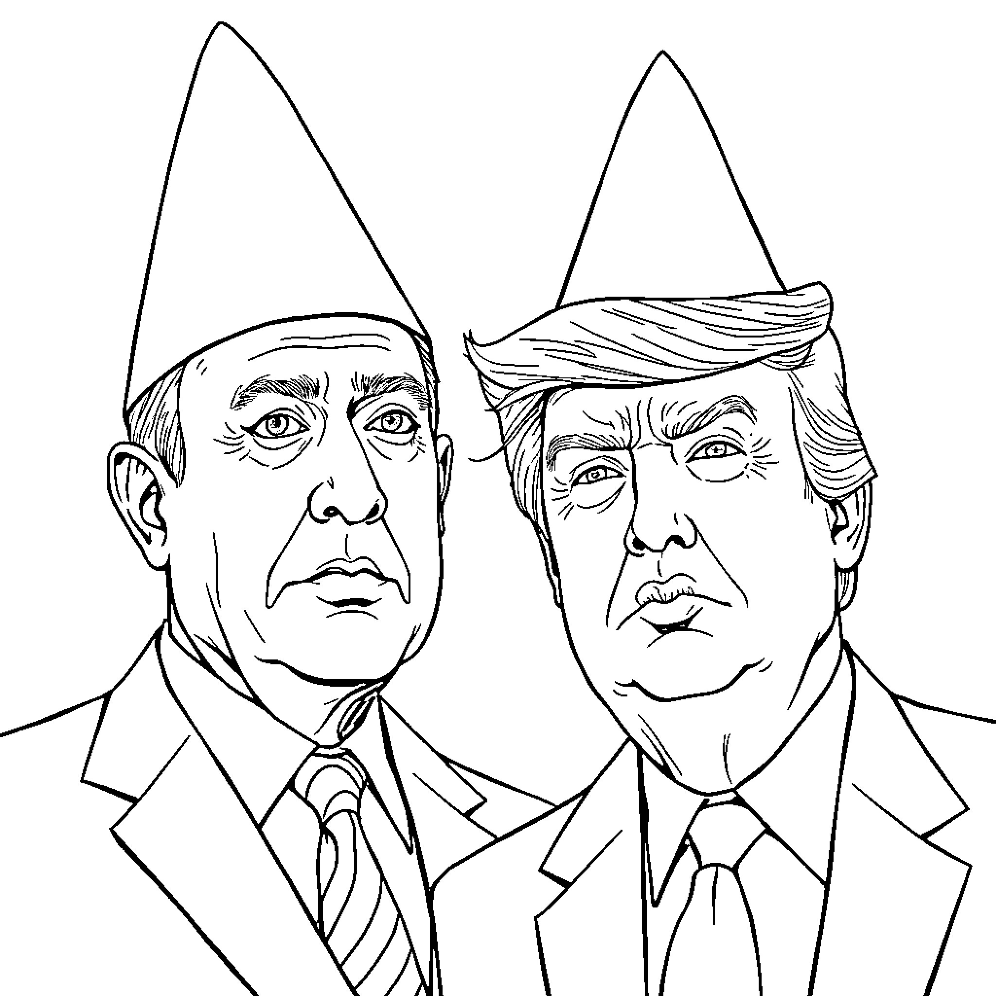 Netanyahu and Trump in formal attire and stern expressions Coloring Page (free black-and-white line drawing printable PDF for all, from beginners to advanced learners, including children, teens, adults, and seniors)