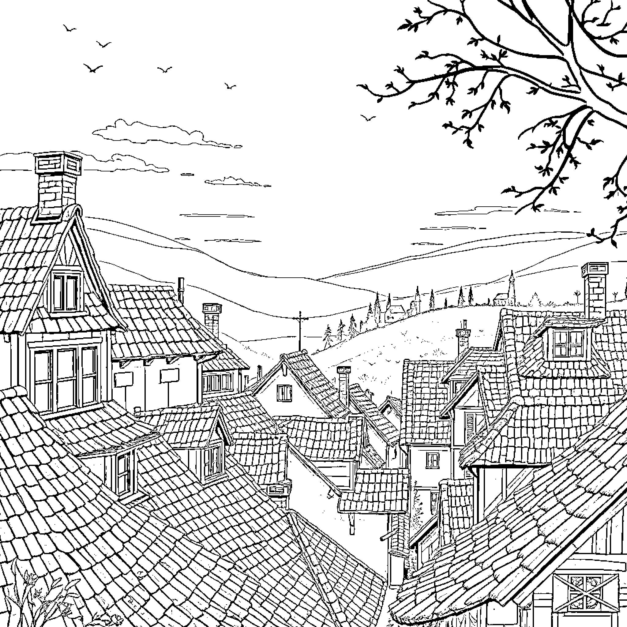 Town depicting a quaint village scene with rooftops and trees Coloring Page (free black-and-white line drawing printable PDF for all, from beginners to advanced learners, including children, teens, adults, and seniors)