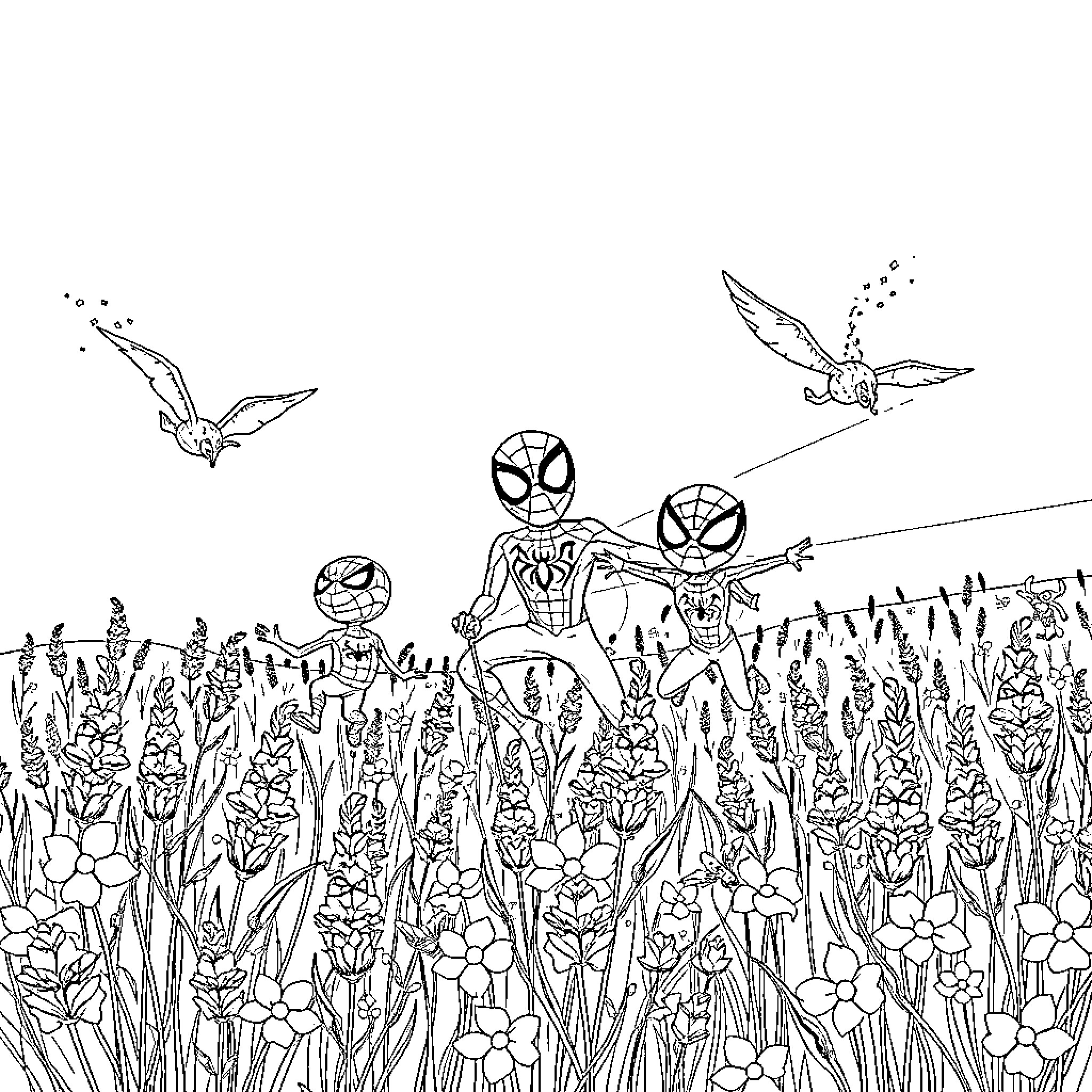 Spider-themed heroes in a floral field Coloring Page (free black-and-white line drawing printable PDF for all, from beginners to advanced learners, including children, teens, adults, and seniors)