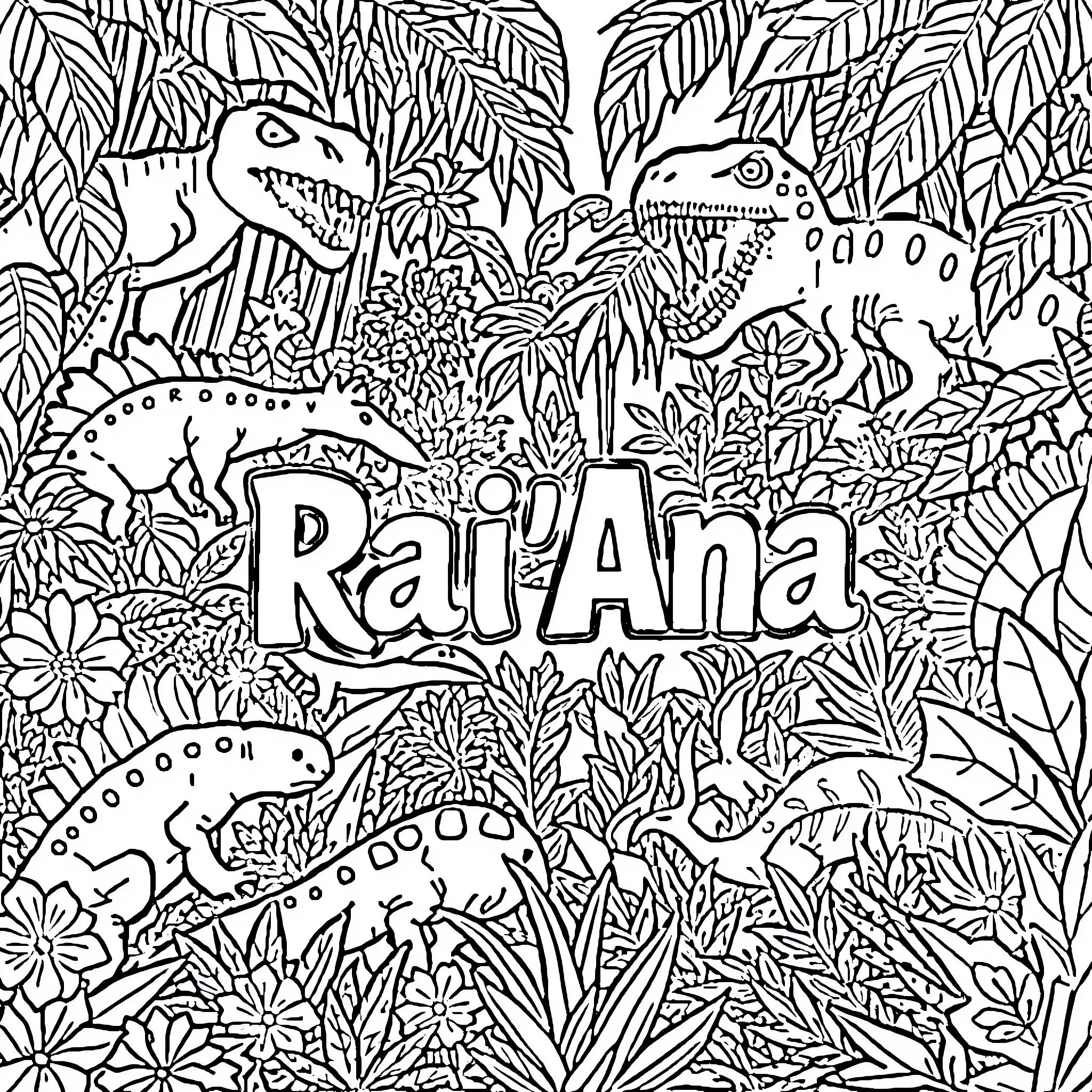 Dinosaurs in a lush jungle scene Coloring Page (free black-and-white line drawing printable PDF for all, from beginners to advanced learners, including children, teens, adults, and seniors)