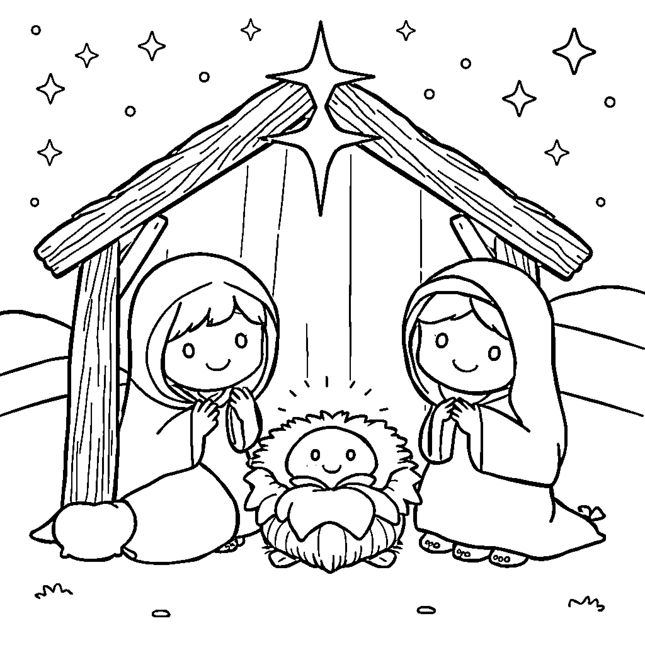 Nativity scene with holy family figures Coloring Page (free black-and-white line drawing printable PDF for all, from beginners to advanced learners, including children, teens, adults, and seniors)