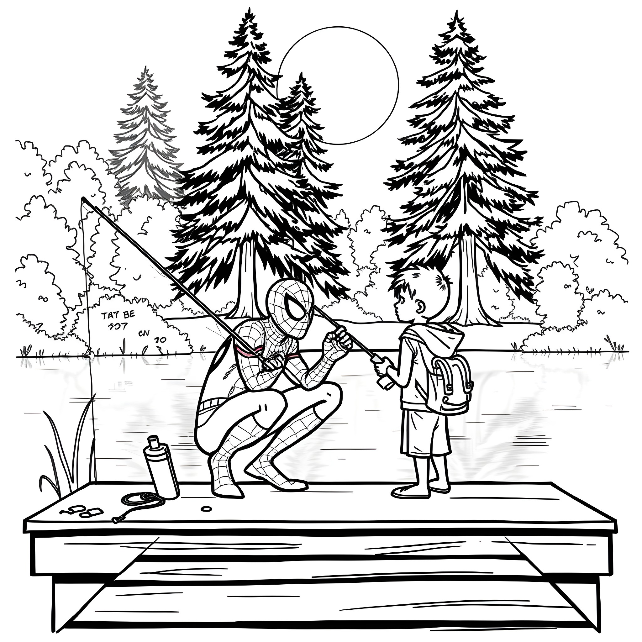 Spiderman helps a hiker in the woods Coloring Page (free black-and-white line drawing printable PDF for all, from beginners to advanced learners, including children, teens, adults, and seniors)