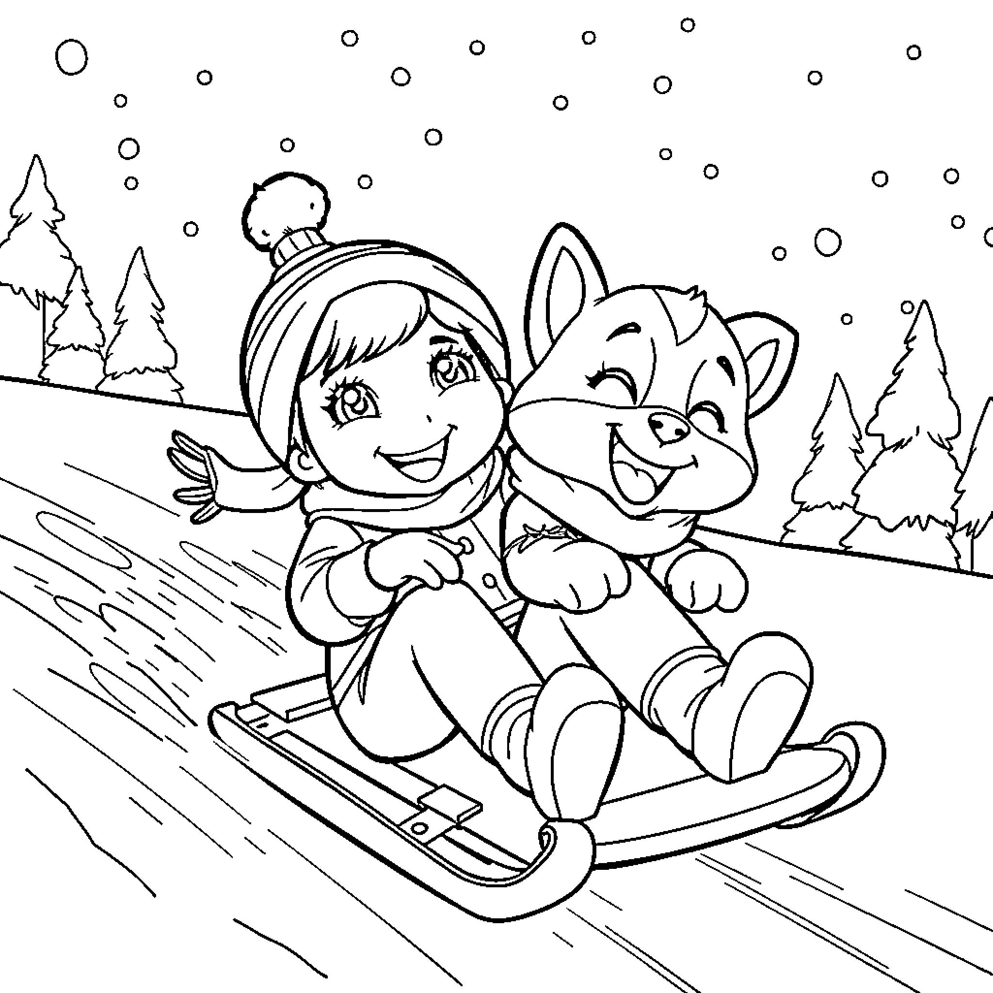 Gabby sledding with her furry friend in the snow Coloring Page (free black-and-white line drawing printable PDF for all, from beginners to advanced learners, including children, teens, adults, and seniors)