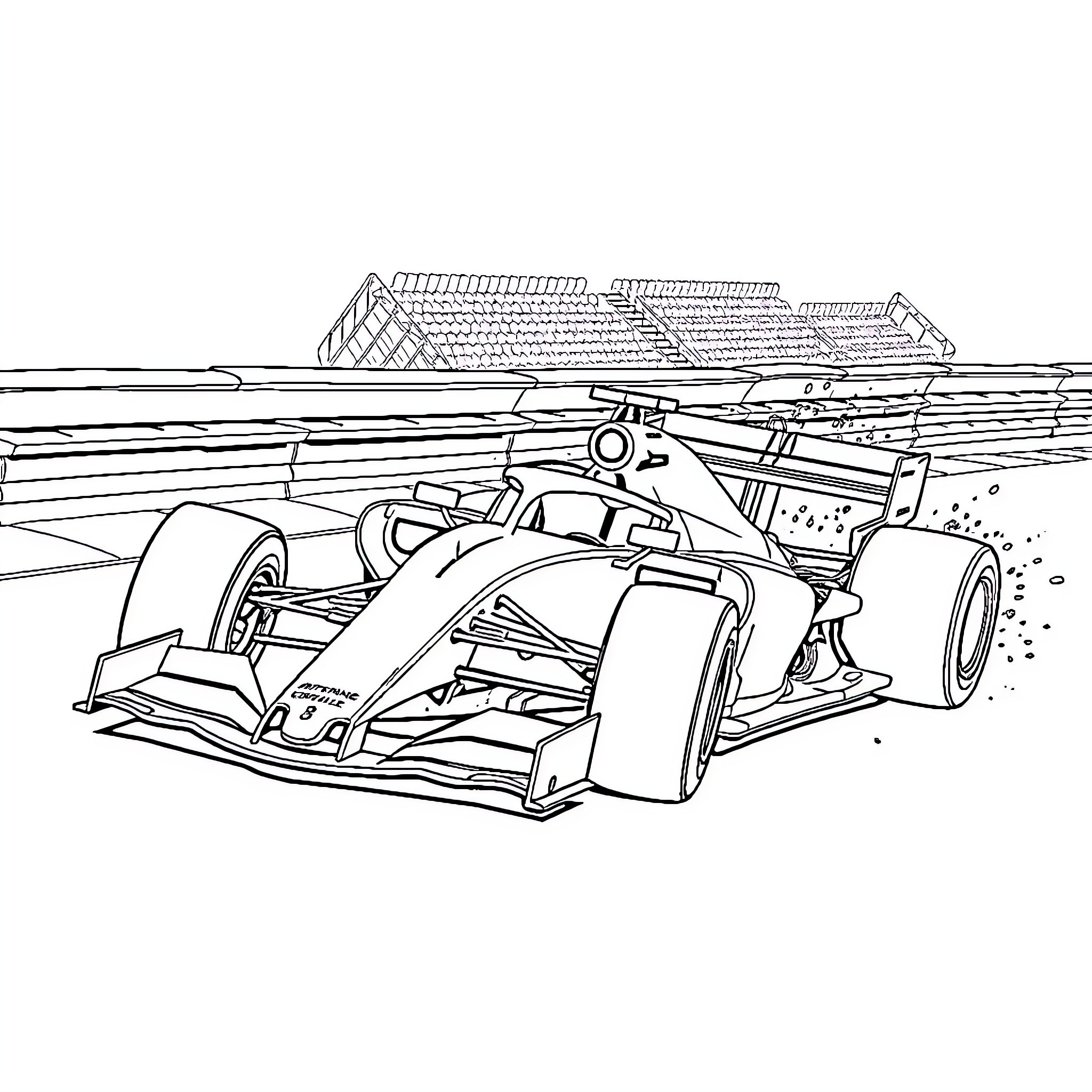 Formula 1 Car Speeding on the Track Coloring Page (free black-and-white line drawing printable PDF for all, from beginners to advanced learners, including children, teens, adults, and seniors)
