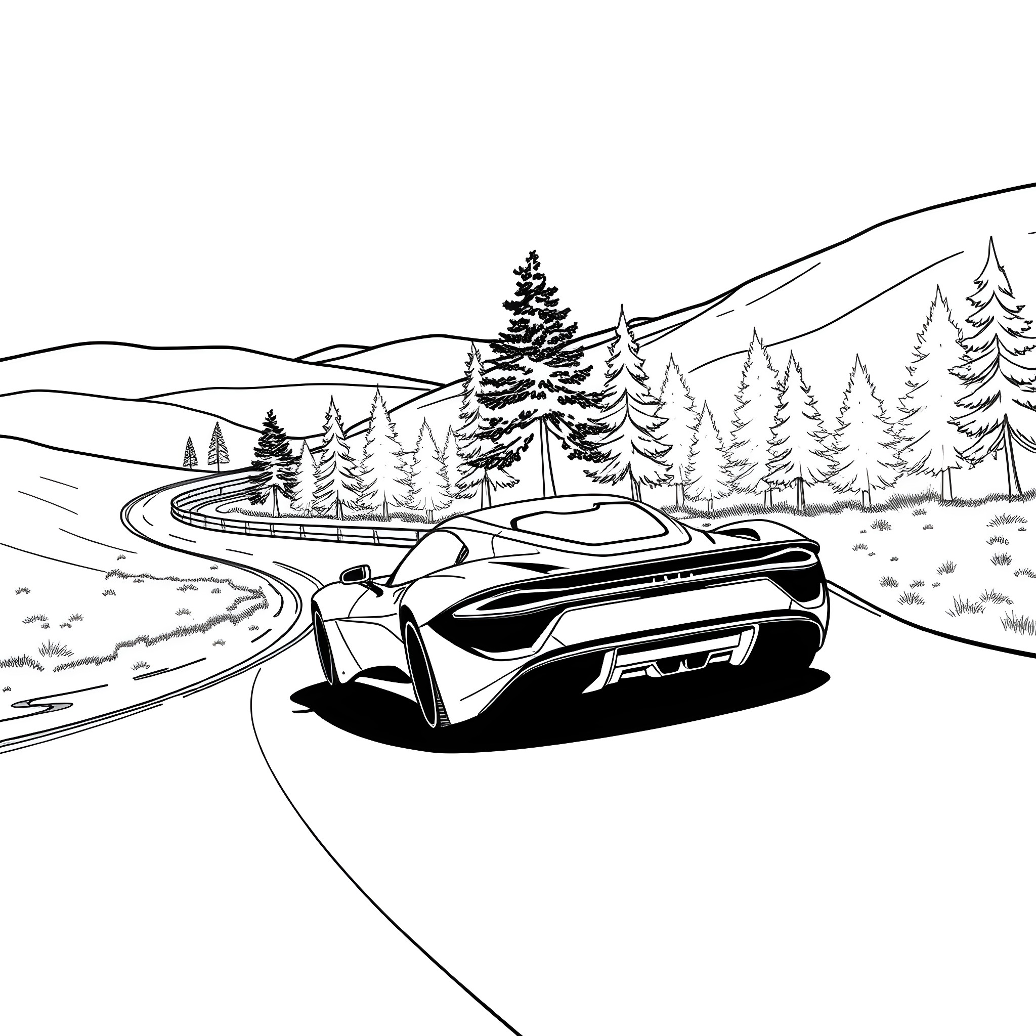 Car speeding through scenic mountain landscape Coloring Page (free black-and-white line drawing printable PDF for all, from beginners to advanced learners, including children, teens, adults, and seniors)