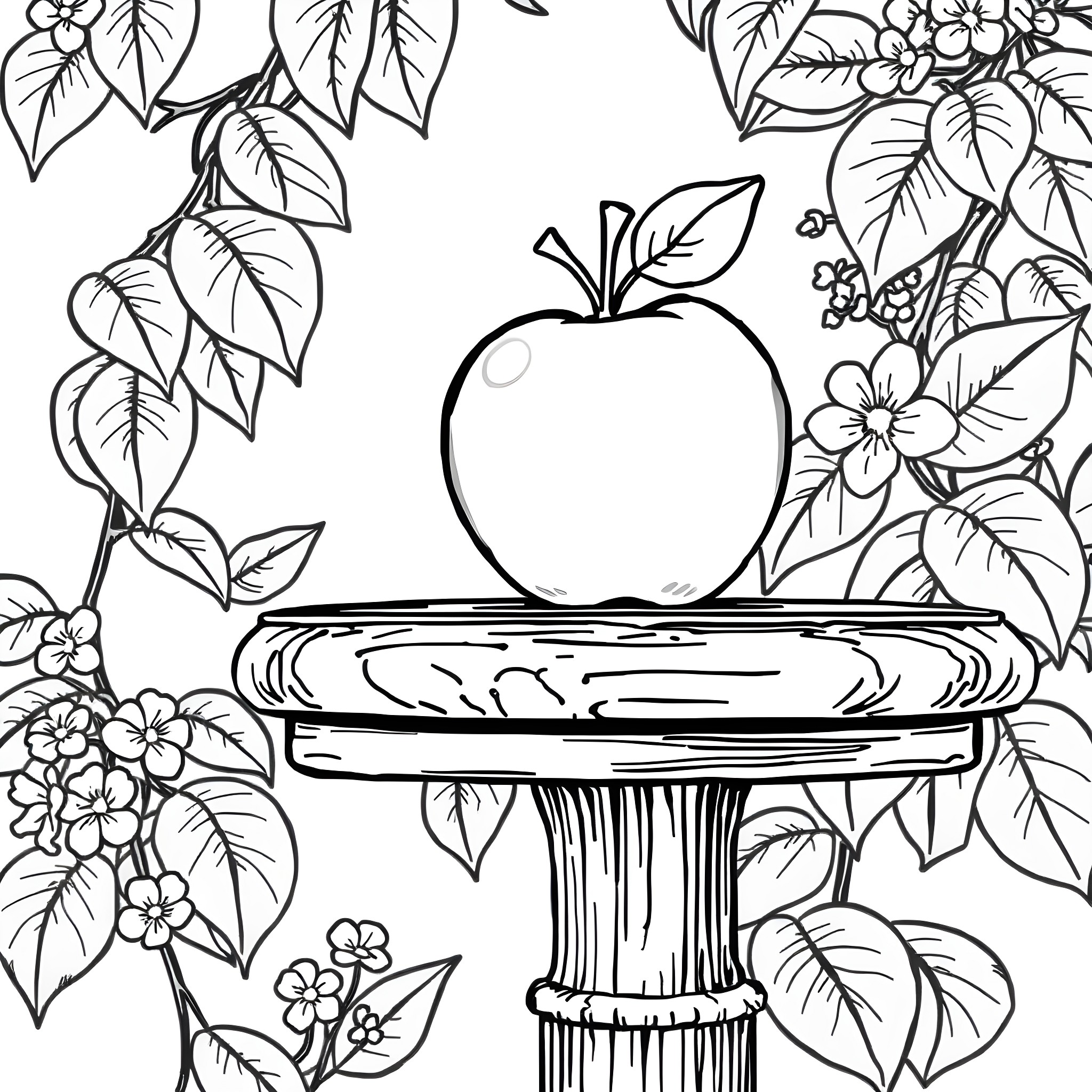 Apple on a pedestal surrounded by floral design Coloring Page (free black-and-white line drawing printable PDF for all, from beginners to advanced learners, including children, teens, adults, and seniors)