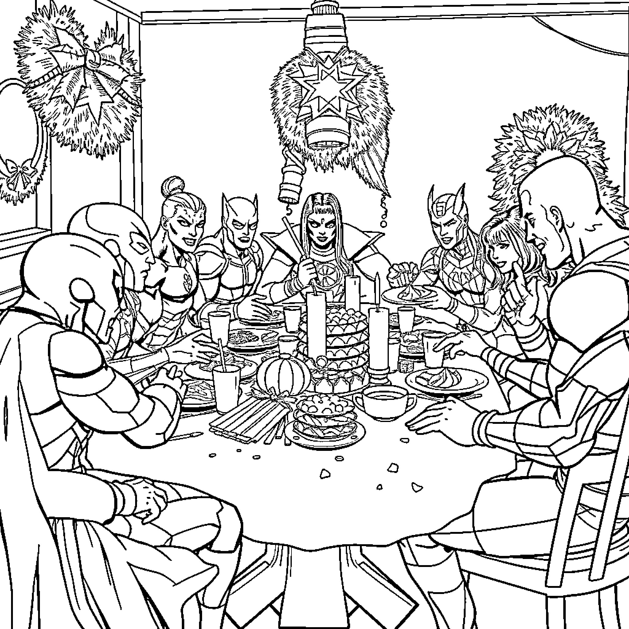 Superhero Group Gathering Around Festive Table Coloring Page (free black-and-white line drawing printable PDF for all, from beginners to advanced learners, including children, teens, adults, and seniors)