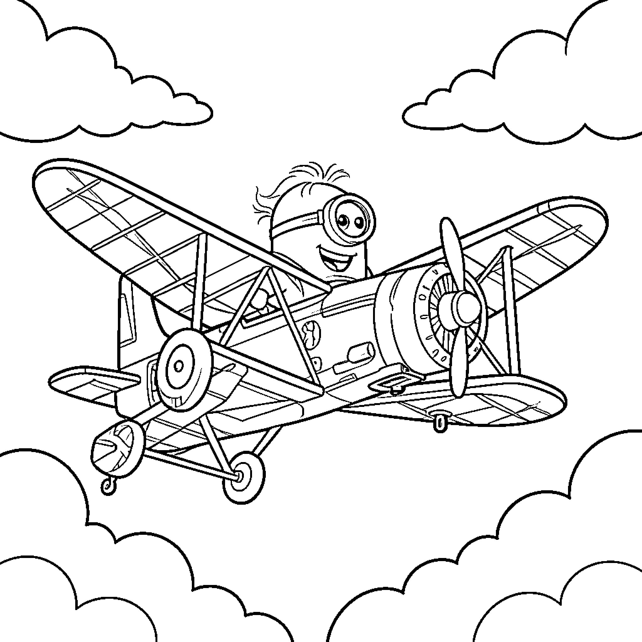 Minion flying a biplane in the clouds Coloring Page (free black-and-white line drawing printable PDF for all, from beginners to advanced learners, including children, teens, adults, and seniors)