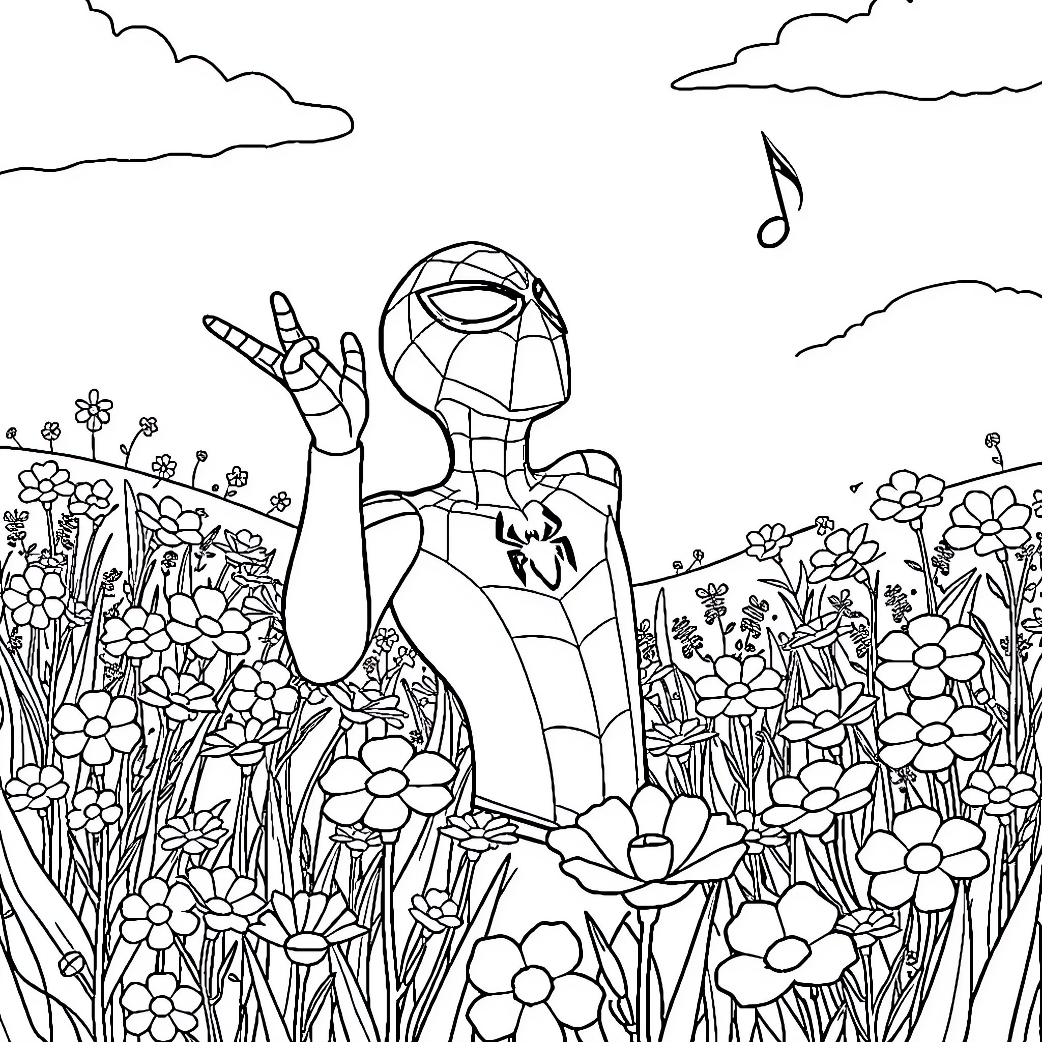 Spider-Man dancing joyfully in a vibrant floral field Coloring Page (free black-and-white line drawing printable PDF for all, from beginners to advanced learners, including children, teens, adults, and seniors)
