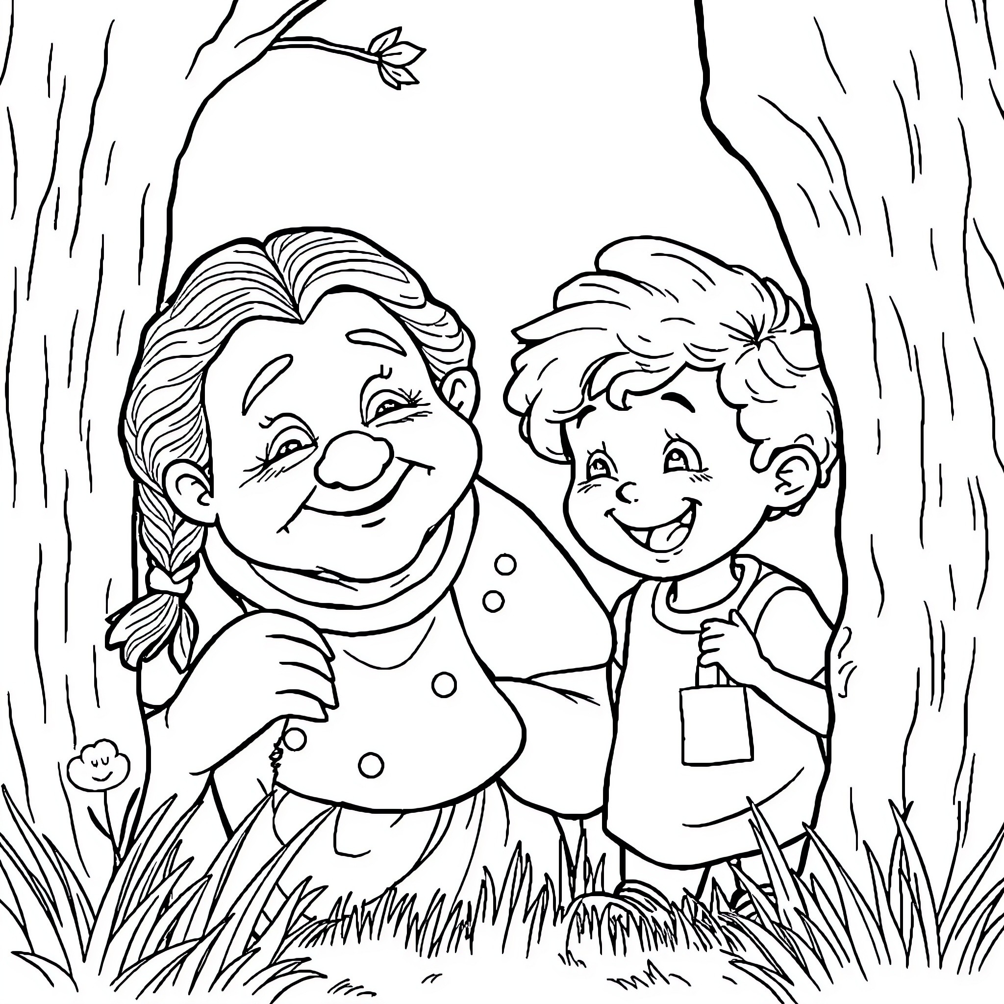 Granny and grandson sharing a cheerful moment in nature Coloring Page (free black-and-white line drawing printable PDF for all, from beginners to advanced learners, including children, teens, adults, and seniors)