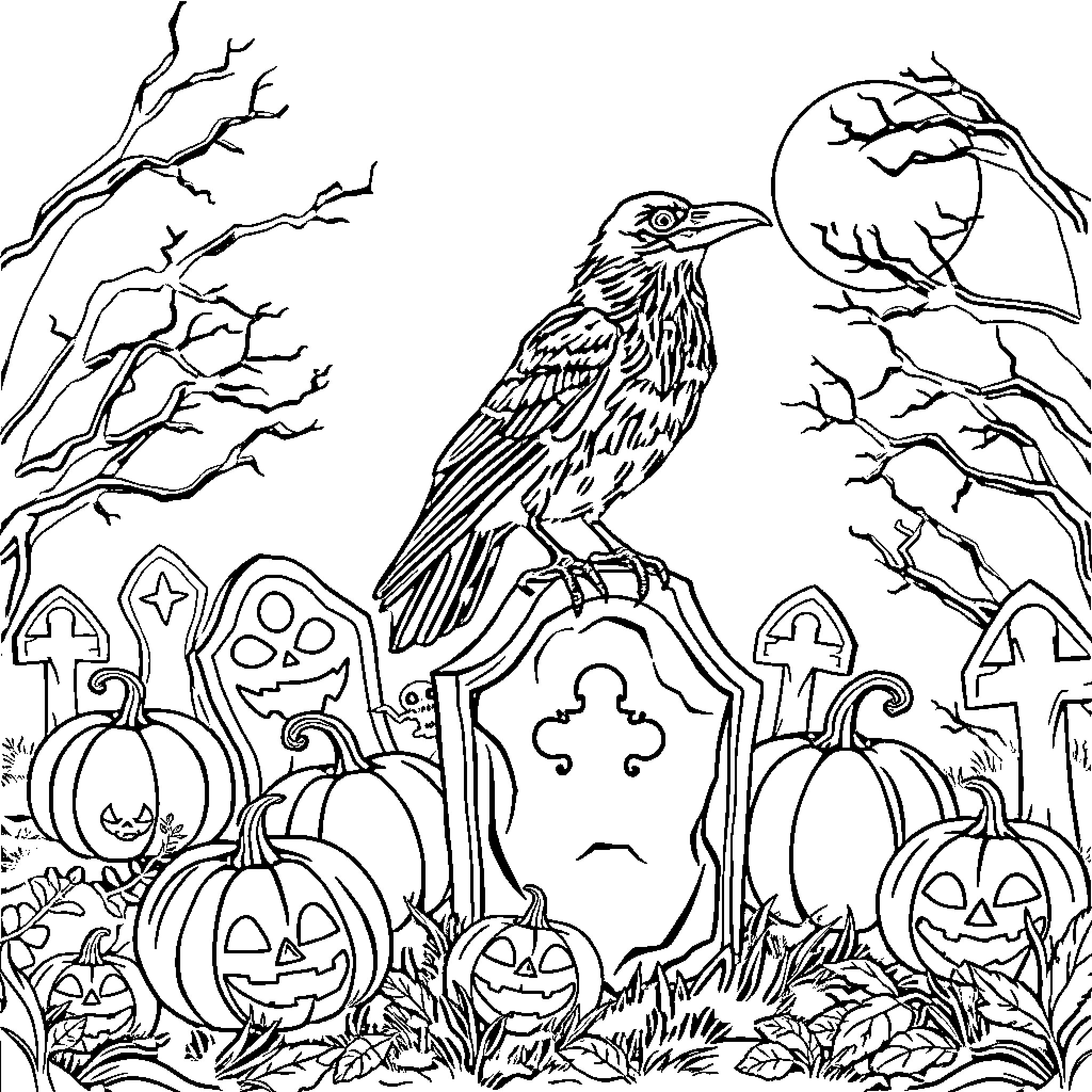 Raven perched on a tombstone in a spooky graveyard Coloring Page (free black-and-white line drawing printable PDF for all, from beginners to advanced learners, including children, teens, adults, and seniors)