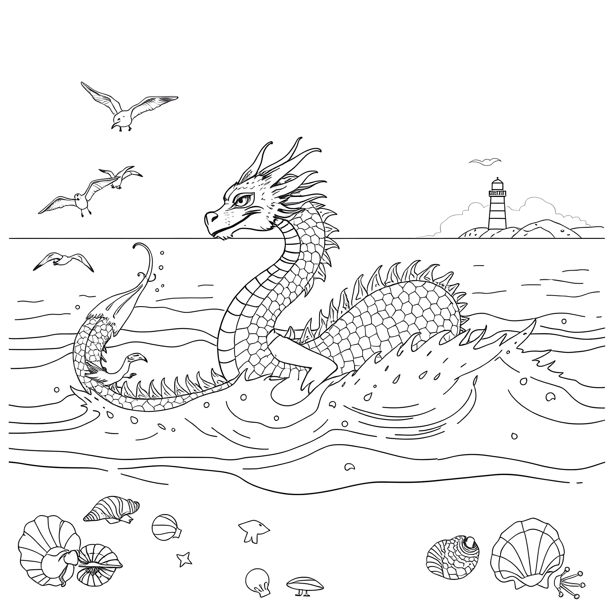 Water Dragon Swimming Gracefully in the Sea Coloring Page (free black-and-white line drawing printable PDF for all, from beginners to advanced learners, including children, teens, adults, and seniors)