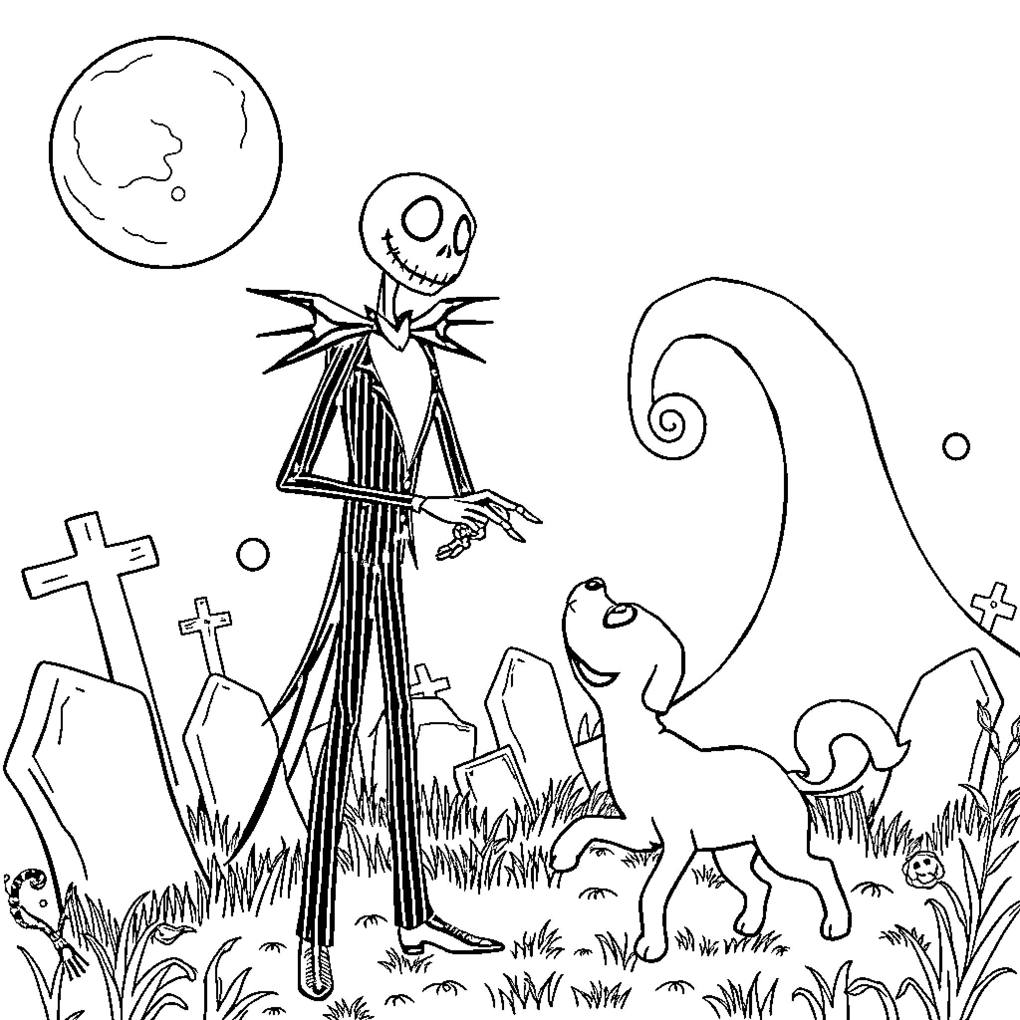 Jack Skellington exploring a spooky graveyard Coloring Page (free black-and-white line drawing printable PDF for all, from beginners to advanced learners, including children, teens, adults, and seniors)