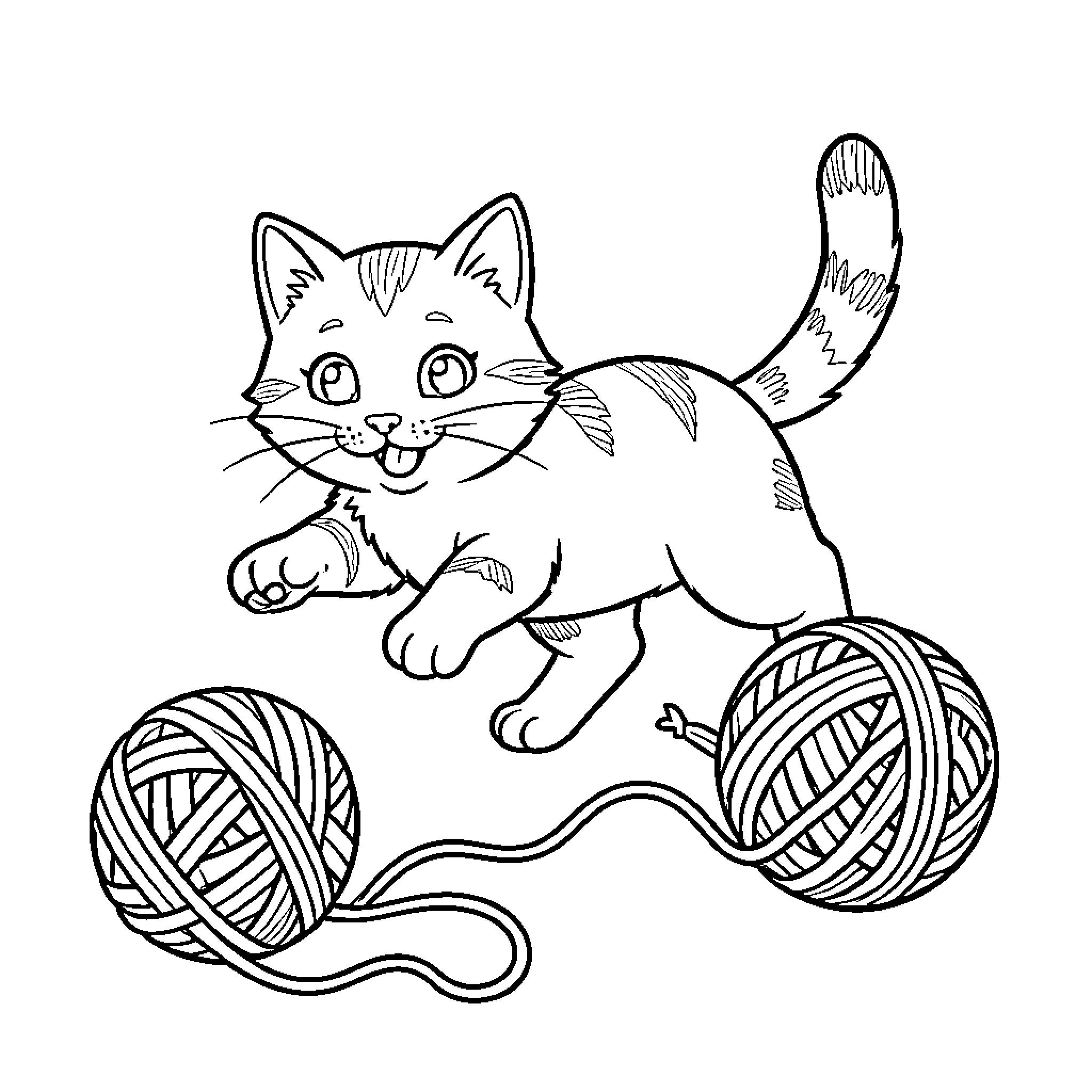 Poison kitten jumping towards balls of yarn Coloring Page (free black-and-white line drawing printable PDF for all, from beginners to advanced learners, including children, teens, adults, and seniors)