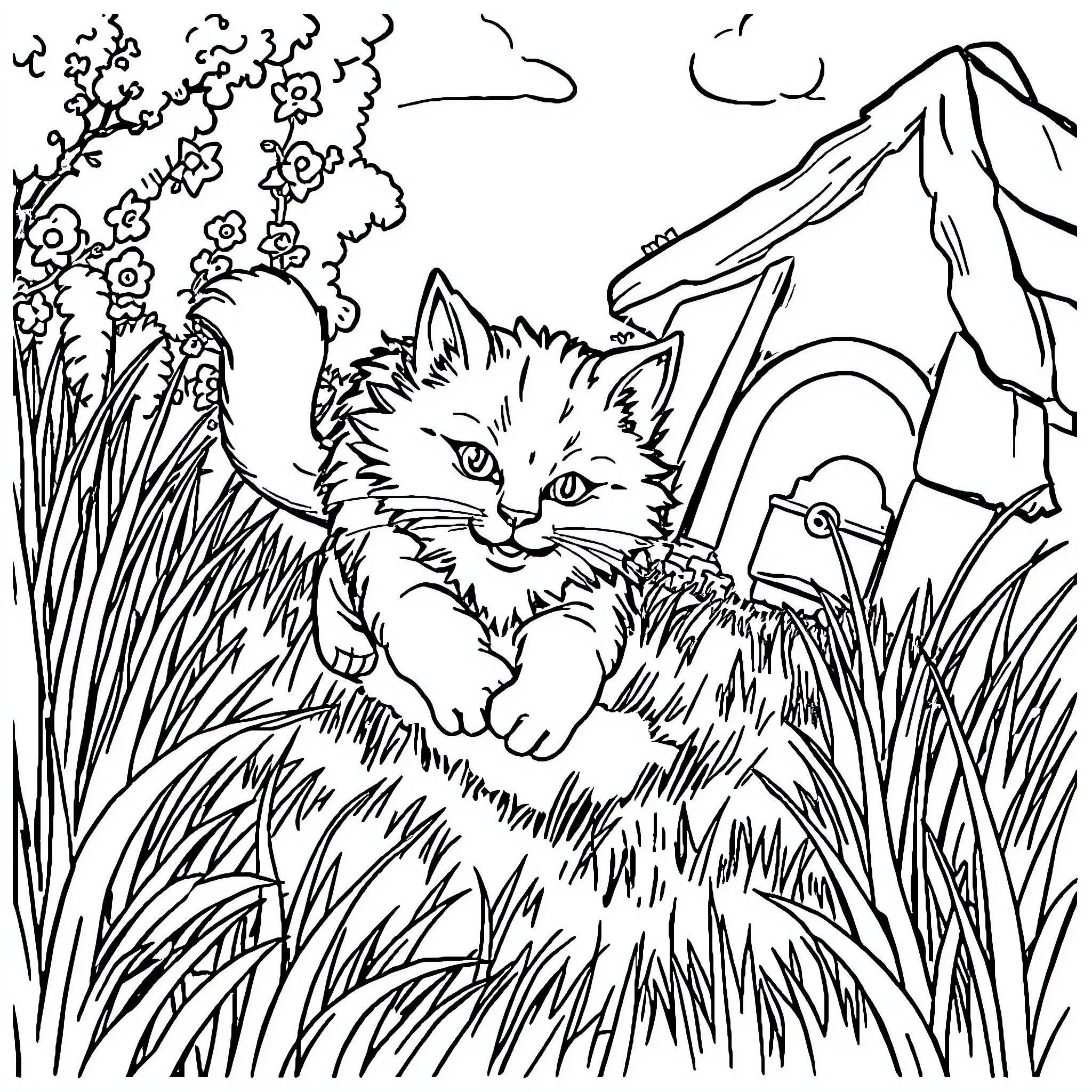 Cat playing in a flower garden Coloring Page (free black-and-white line drawing printable PDF for all, from beginners to advanced learners, including children, teens, adults, and seniors)