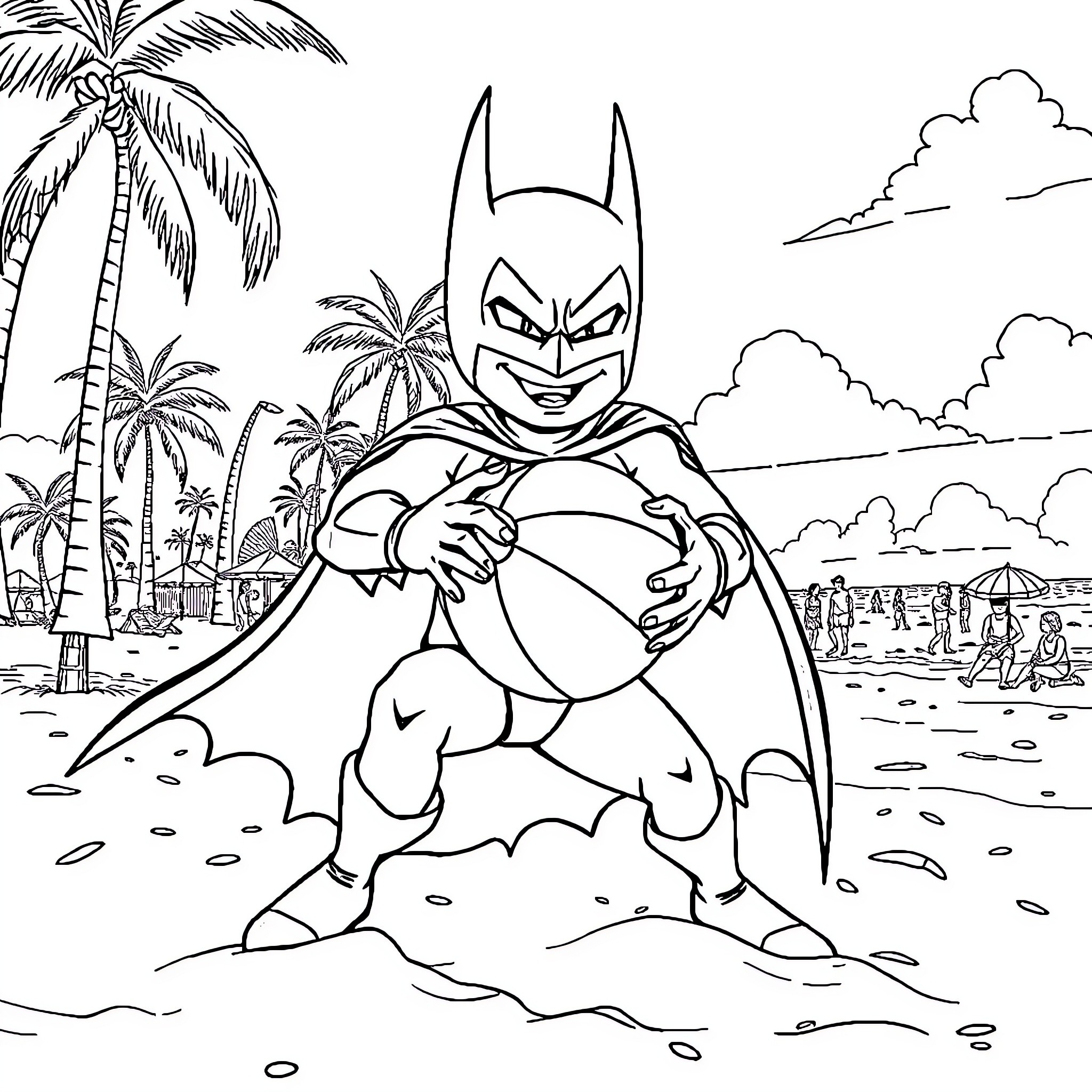 Batman relaxing on the beach with palm trees Coloring Page (free black-and-white line drawing printable PDF for all, from beginners to advanced learners, including children, teens, adults, and seniors)