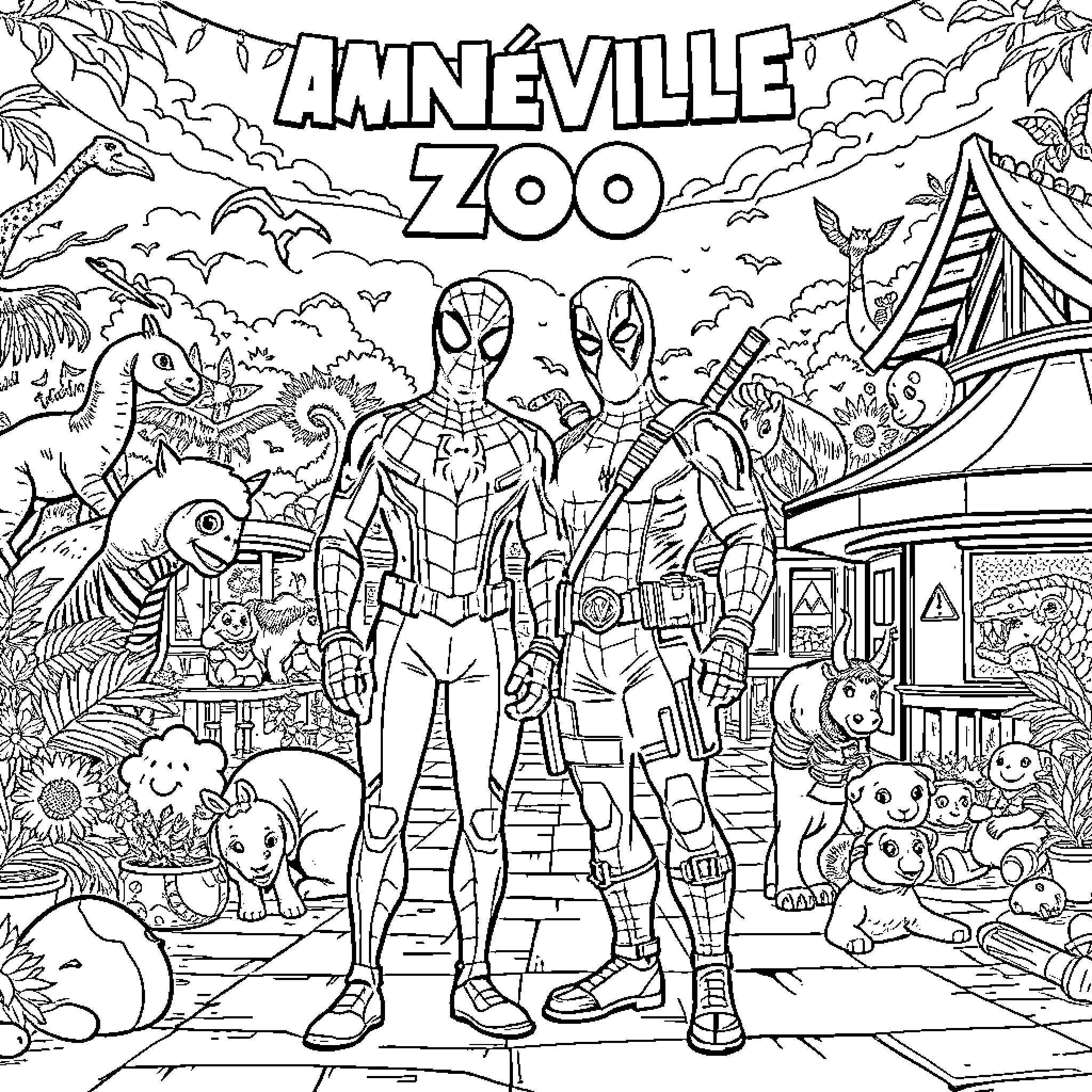 Spidermen exploring the vibrant Amneville Zoo Coloring Page (free black-and-white line drawing printable PDF for all, from beginners to advanced learners, including children, teens, adults, and seniors)