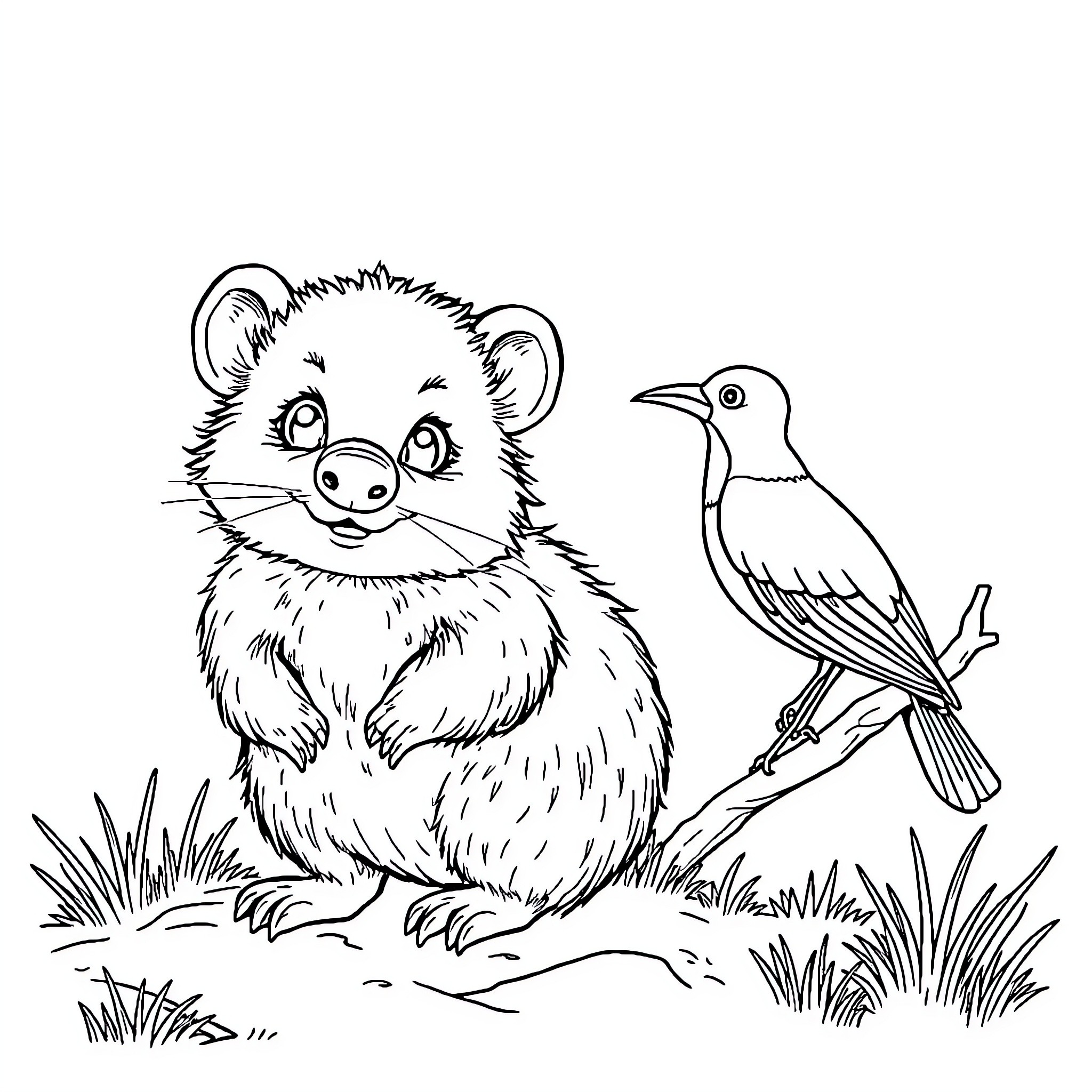 Wombat and a bird in a natural setting Coloring Page (free black-and-white line drawing printable PDF for all, from beginners to advanced learners, including children, teens, adults, and seniors)