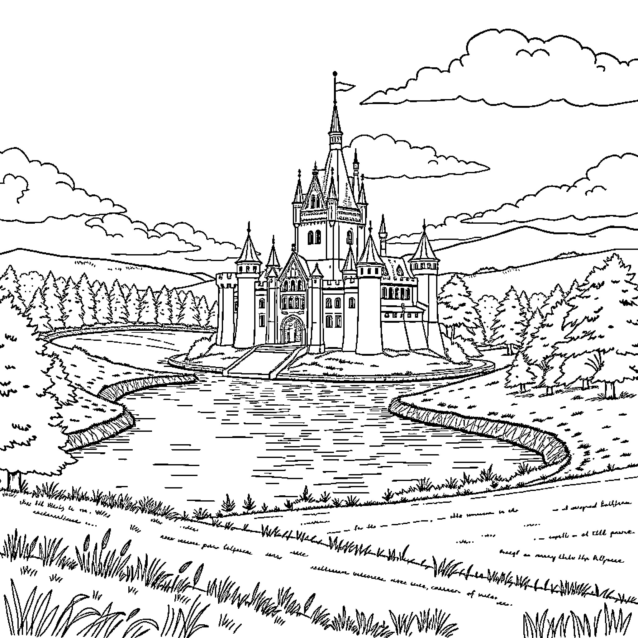 Castle surrounded by a picturesque landscape Coloring Page (free black-and-white line drawing printable PDF for all, from beginners to advanced learners, including children, teens, adults, and seniors)