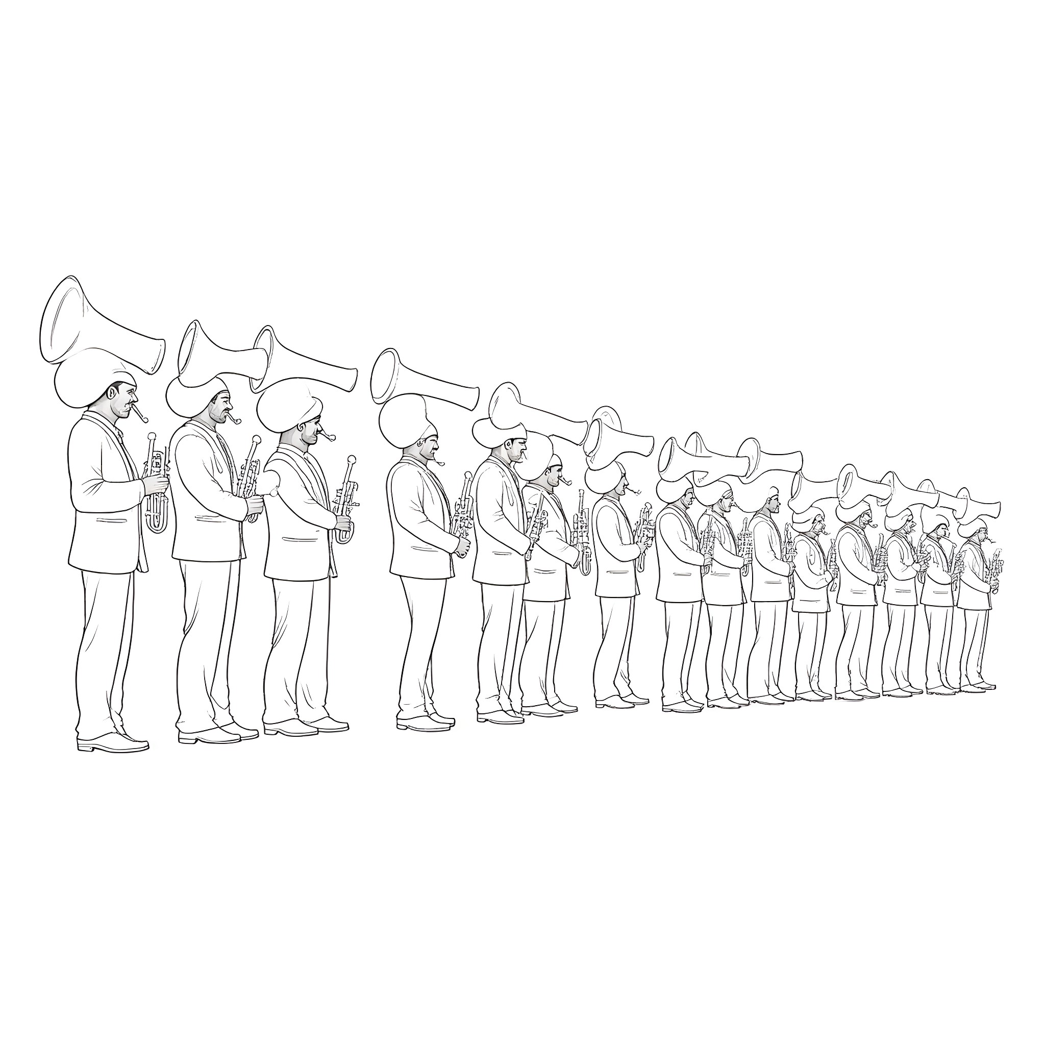 Sousaphone players performing together in a marching band Coloring Page (free black-and-white line drawing printable PDF for all, from beginners to advanced learners, including children, teens, adults, and seniors)