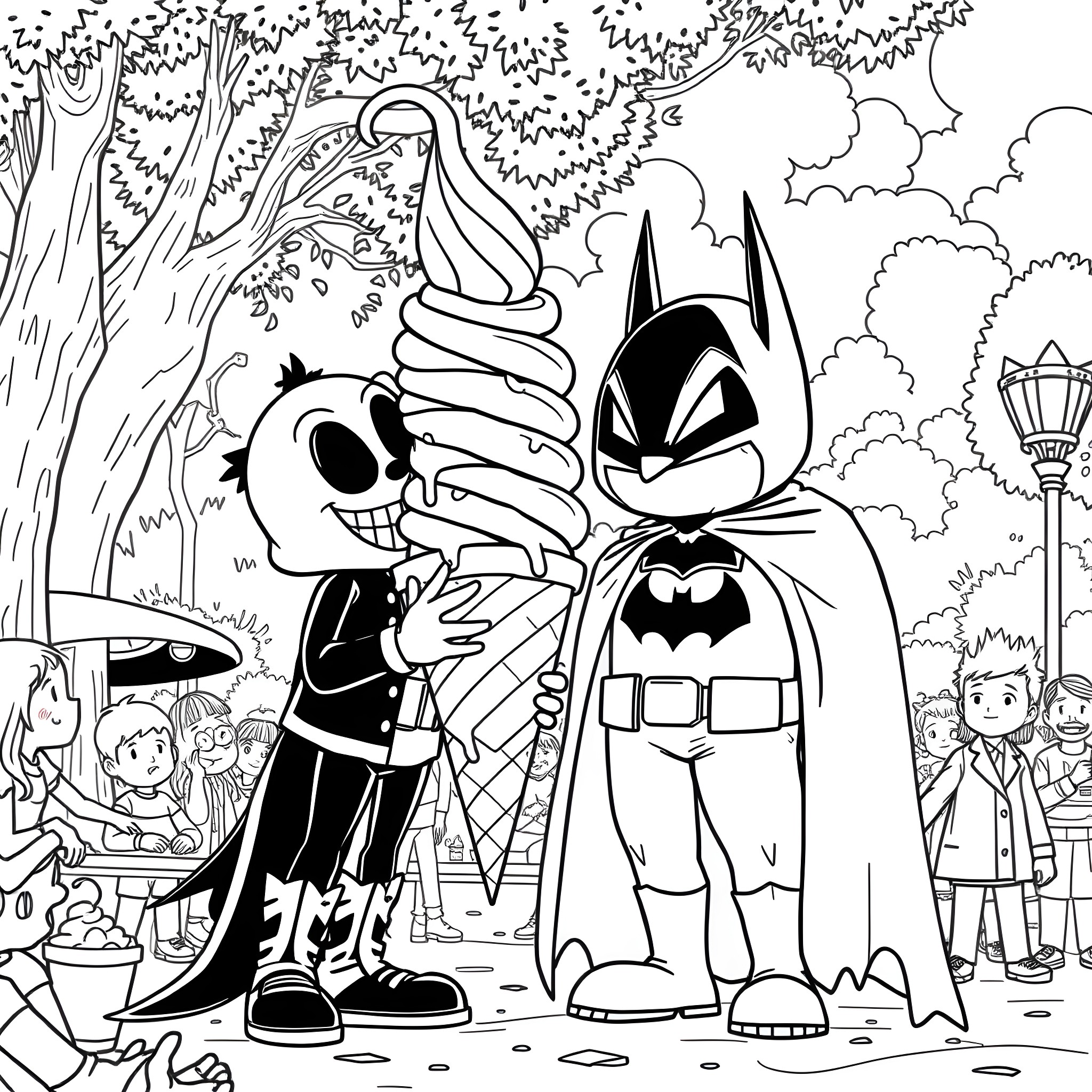 Clayface in a Whimsical Encounter with Batman Coloring Page (free black-and-white line drawing printable PDF for all, from beginners to advanced learners, including children, teens, adults, and seniors)