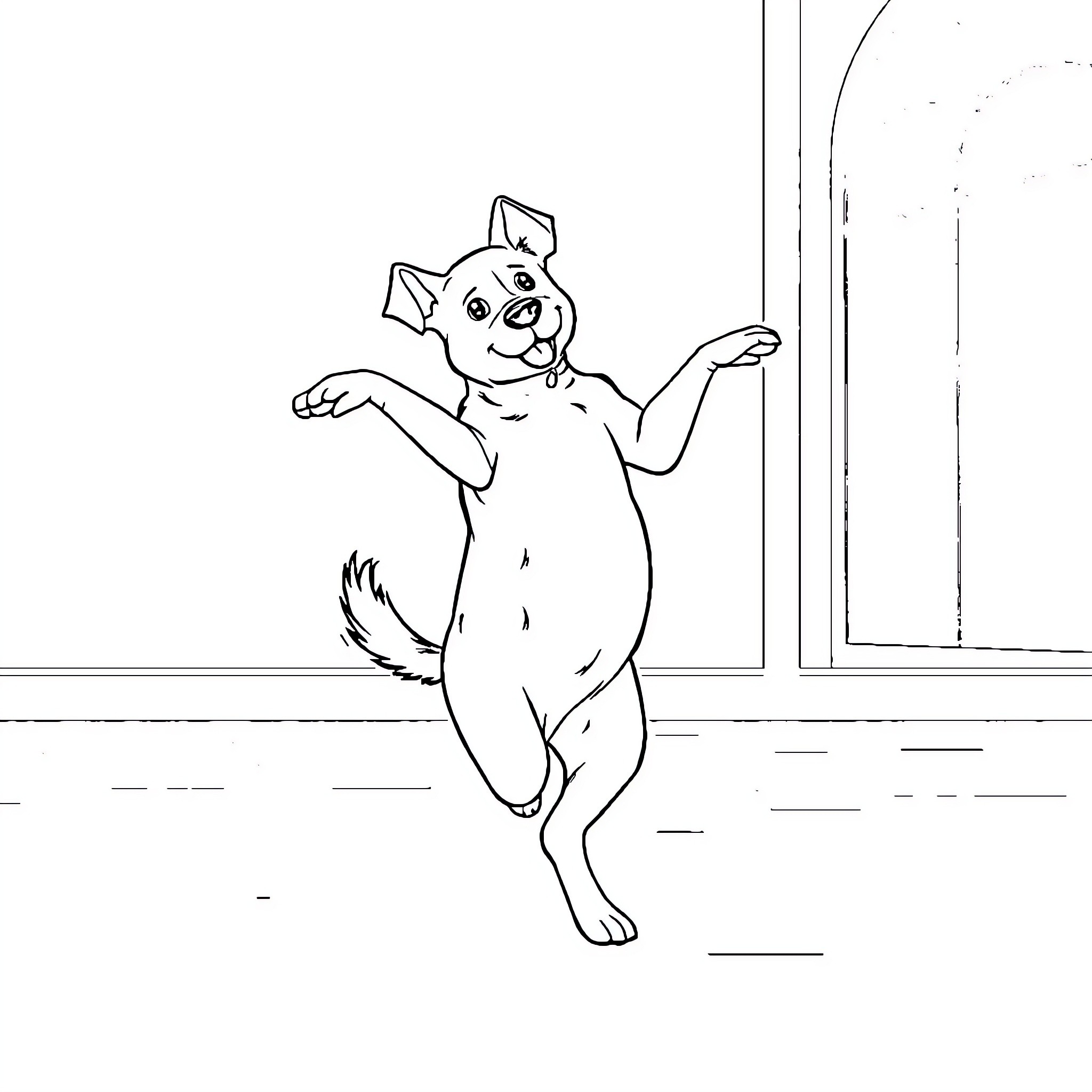 Dog Stretching Happily in the Room Coloring Page (free black-and-white line drawing printable PDF for all, from beginners to advanced learners, including children, teens, adults, and seniors)