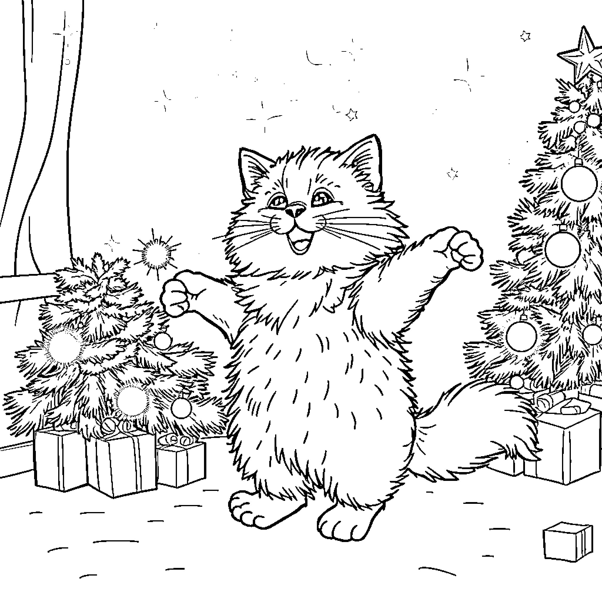 Cat playing excitedly near Christmas tree Coloring Page (free black-and-white line drawing printable PDF for all, from beginners to advanced learners, including children, teens, adults, and seniors)
