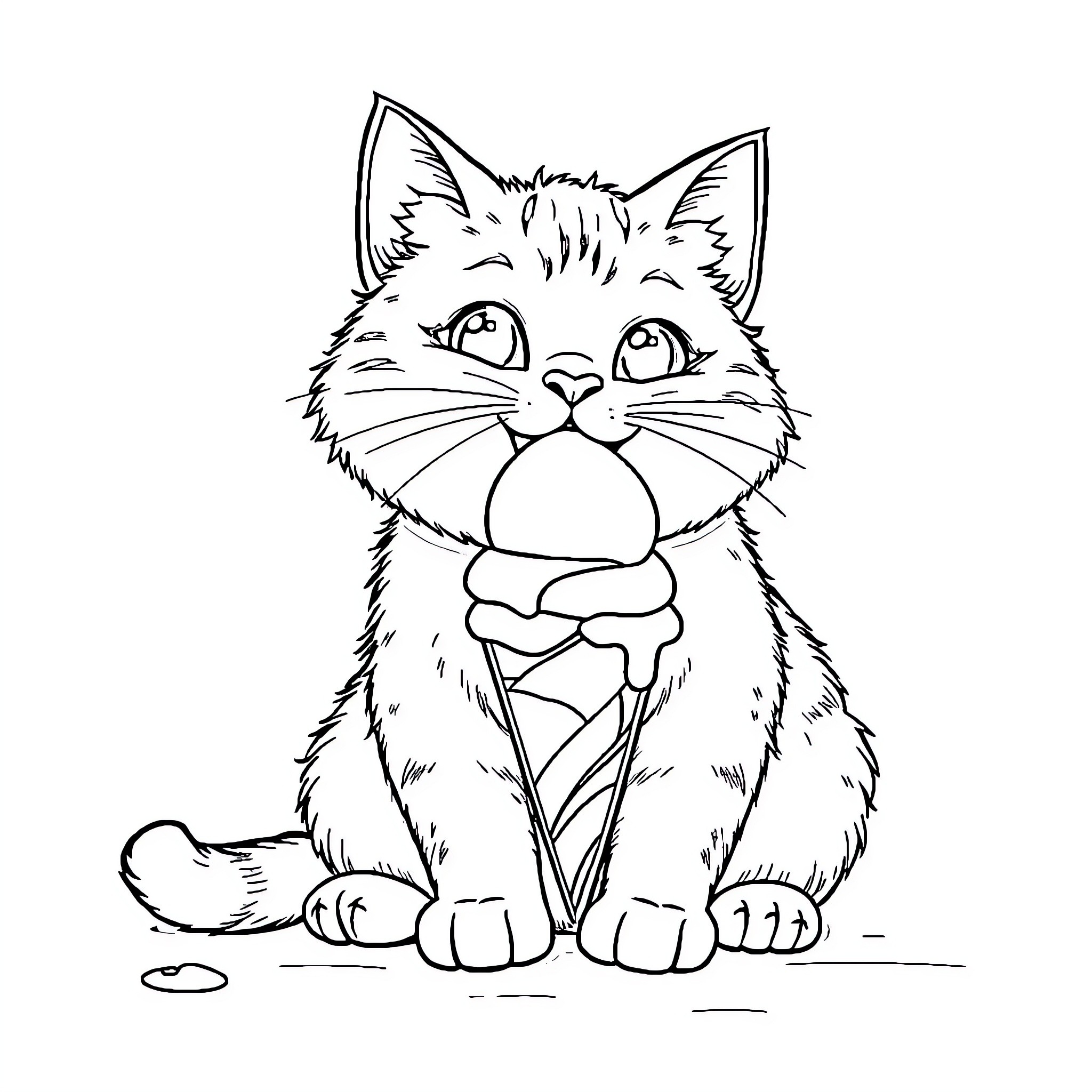 Cat enjoying an ice cream cone Coloring Page (free black-and-white line drawing printable PDF for all, from beginners to advanced learners, including children, teens, adults, and seniors)