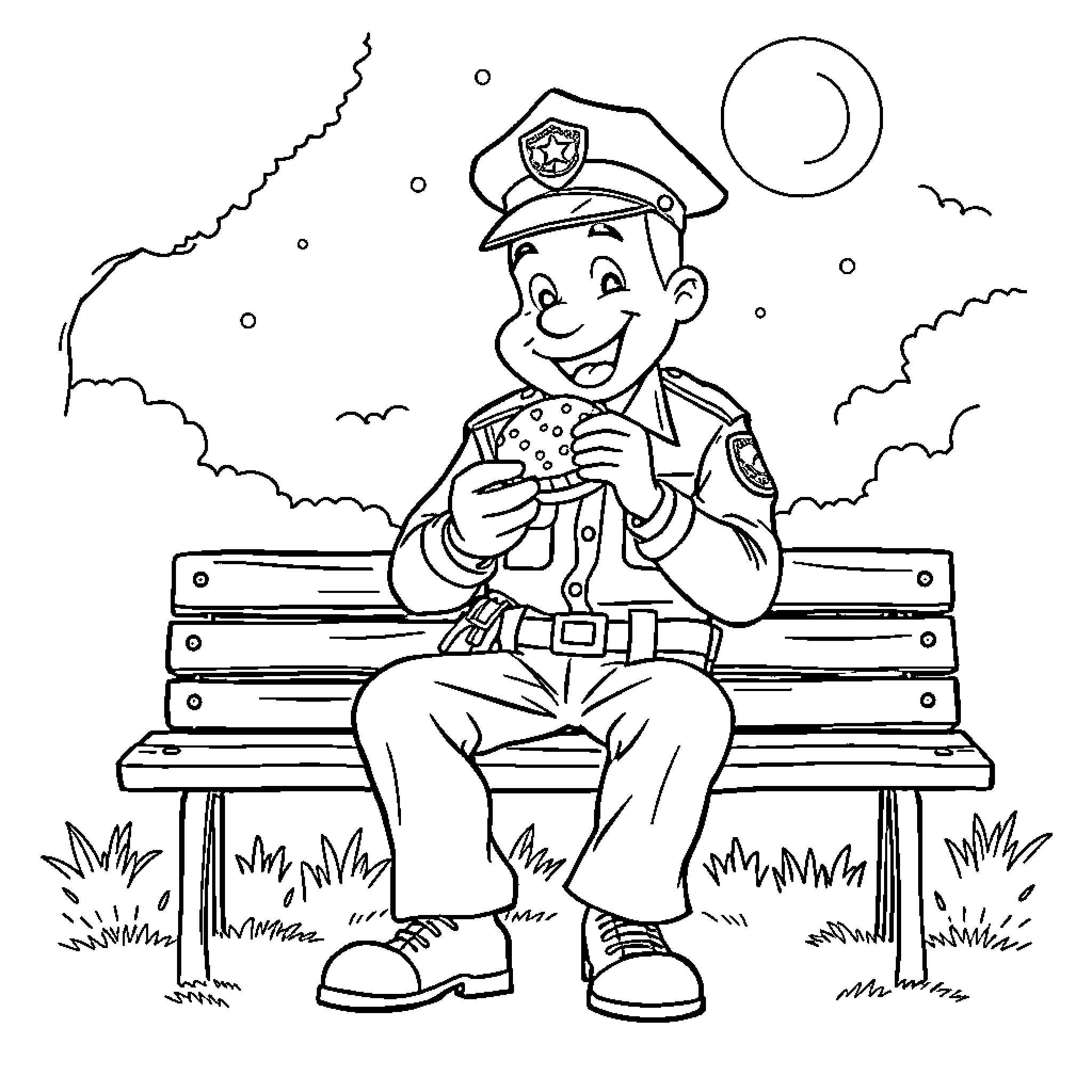 Cop enjoying a snack on a bench at night Coloring Page (free black-and-white line drawing printable PDF for all, from beginners to advanced learners, including children, teens, adults, and seniors)