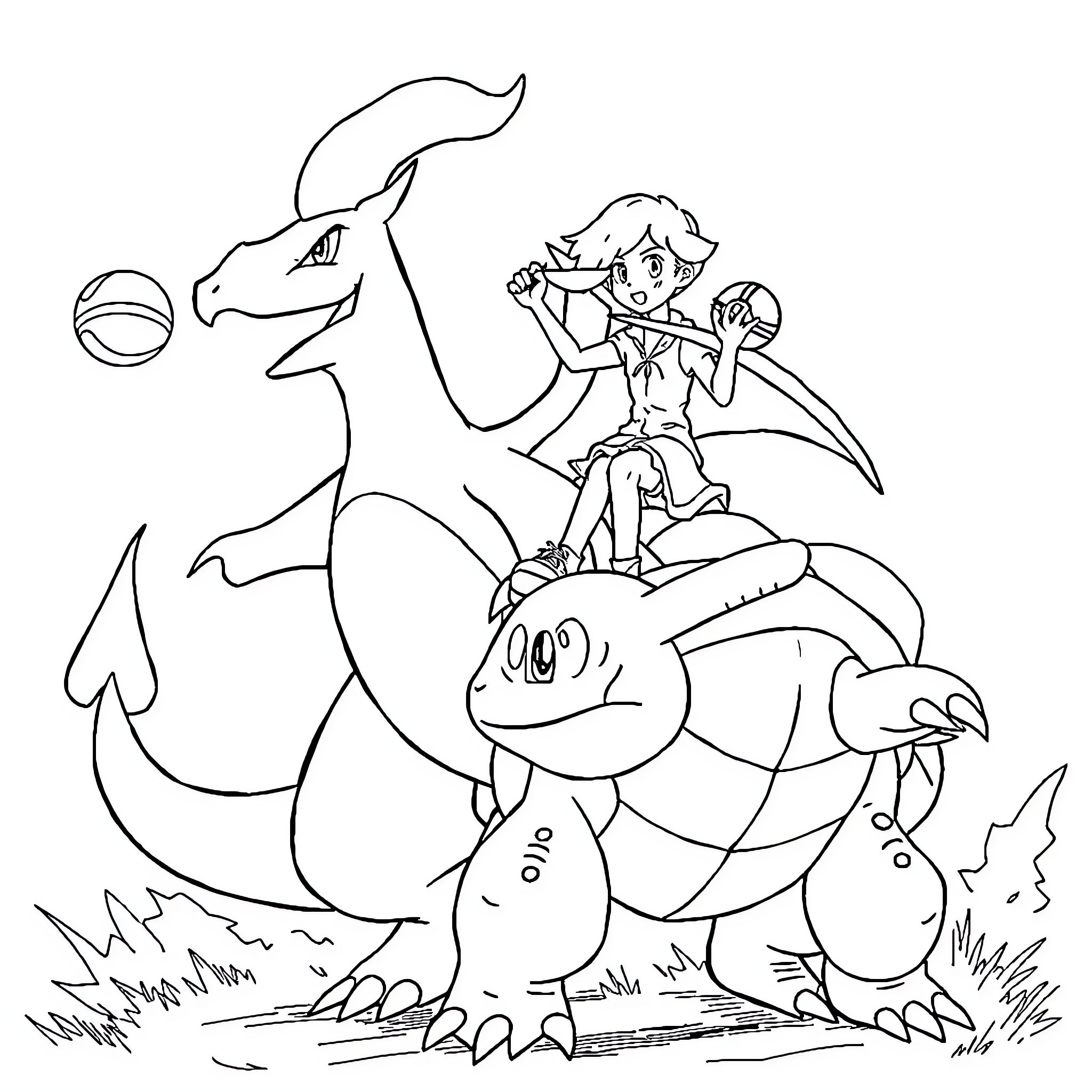 Entrenadora Pokemon interacts with Pokemon creatures Coloring Page (free black-and-white line drawing printable PDF for all, from beginners to advanced learners, including children, teens, adults, and seniors)