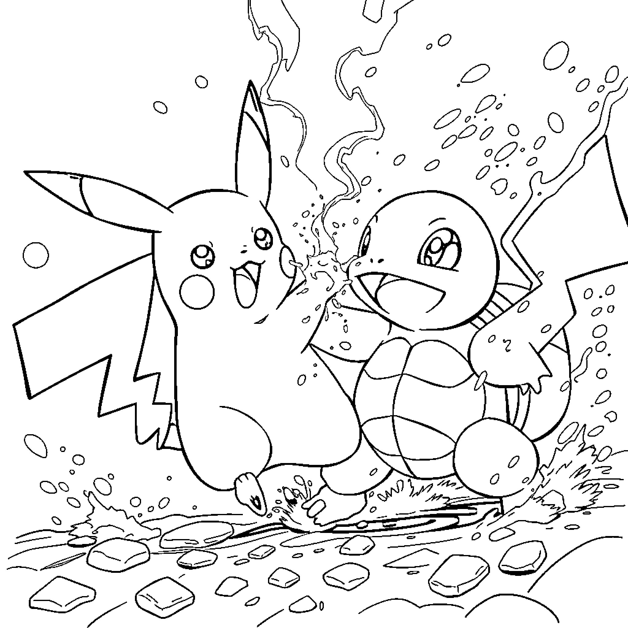 Pikachu and friends in a playful underwater scene Coloring Page (free black-and-white line drawing printable PDF for all, from beginners to advanced learners, including children, teens, adults, and seniors)