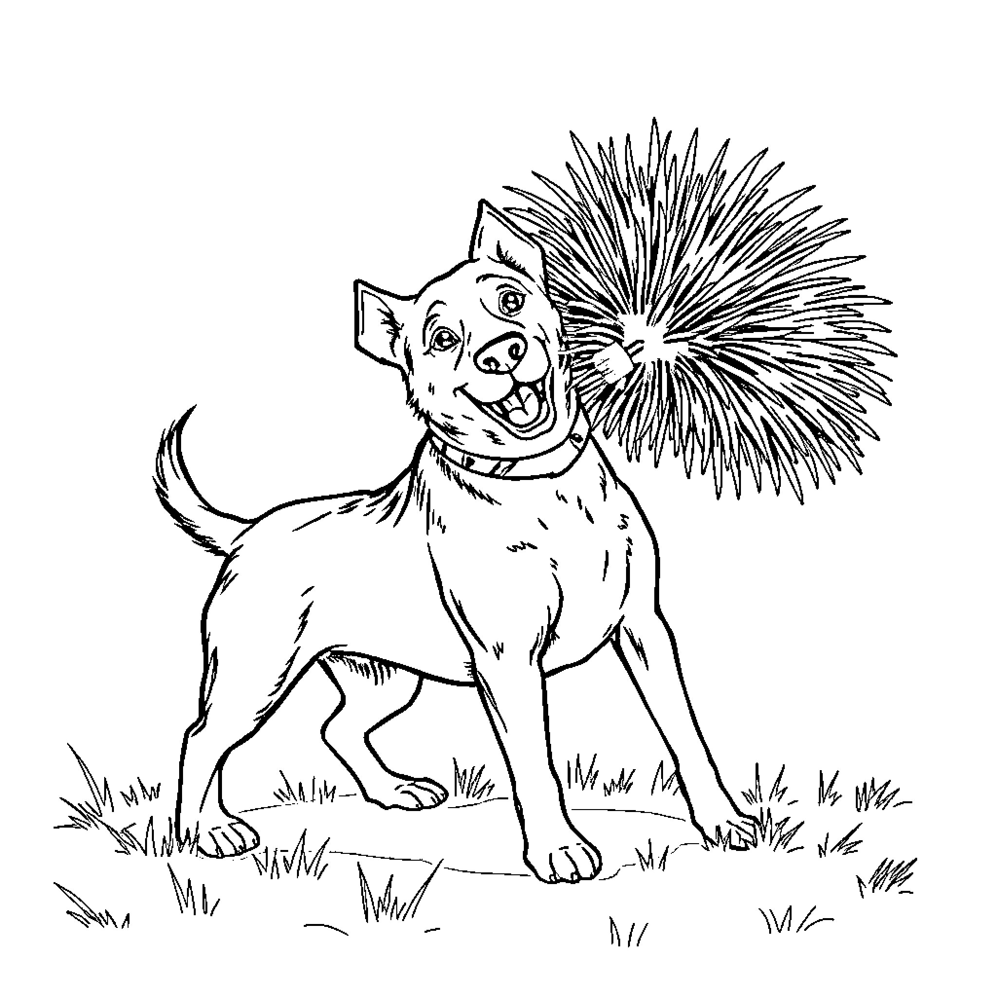 Dog with Spiky Fur Running in the Grass Coloring Page (free black-and-white line drawing printable PDF for all, from beginners to advanced learners, including children, teens, adults, and seniors)